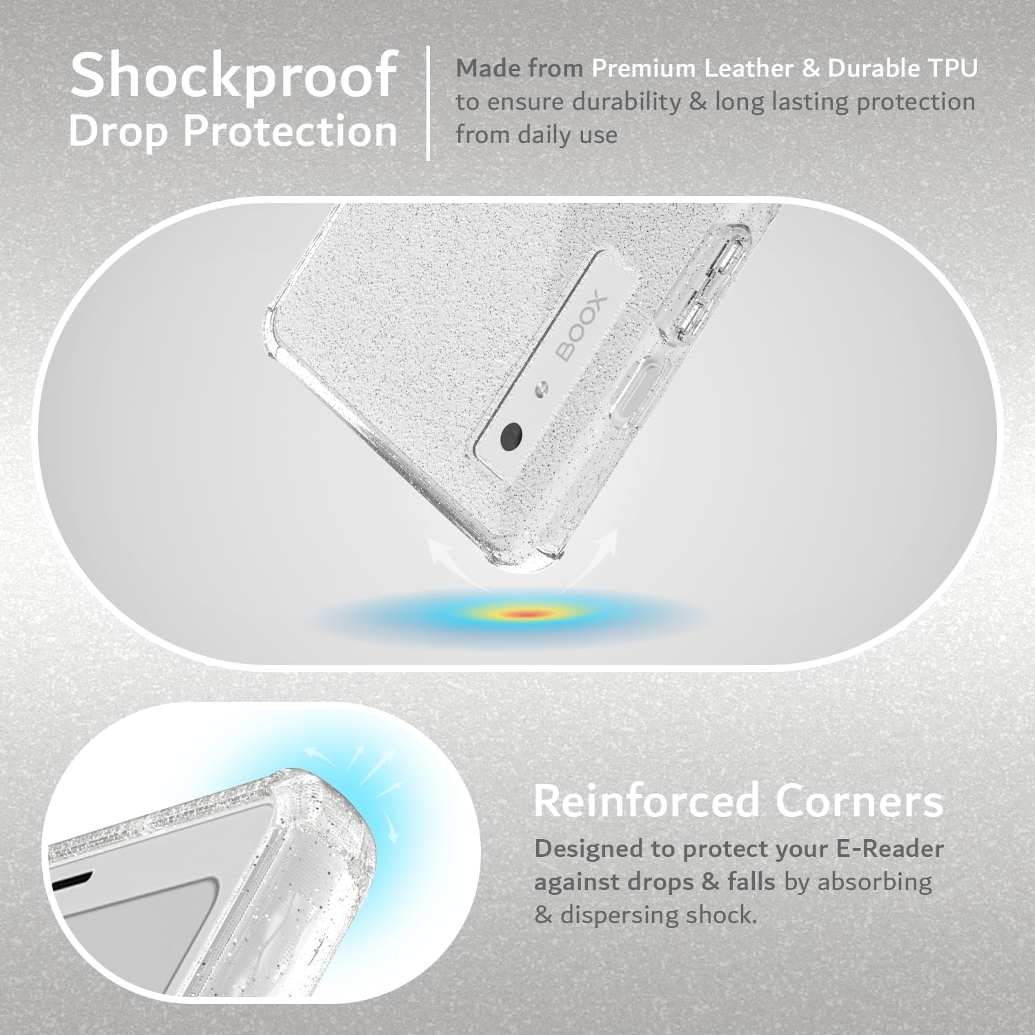 Made from Premium Leather & Durable TPU to ensure durability & long lasting protection from daily use

Shockproof Drop Protection

Reinforced Corners
Designed to protect your E-Reader against drops & falls by absorbing & dispersing shock.