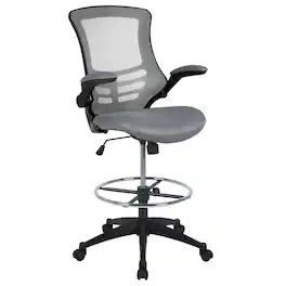 Emma + Oliver - Mid-Back Mesh Ergonomic Drafting Chair with Foot Ring and Flip-Up Arms - Dark Gray Mesh/Black Frame