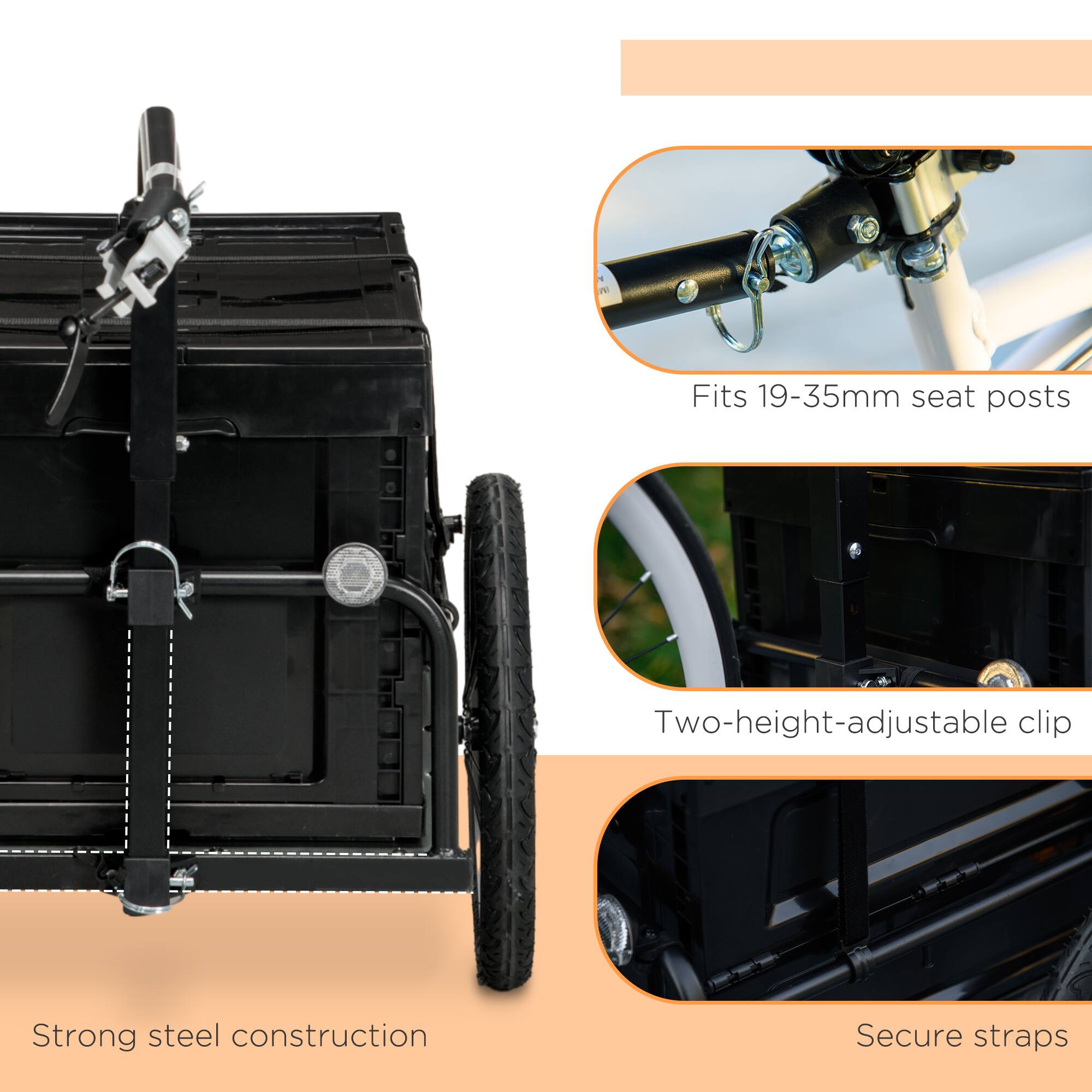 - Fits 19-35mm seat posts
- Strong steel construction
- Two-height-adjustable clip
- Secure straps