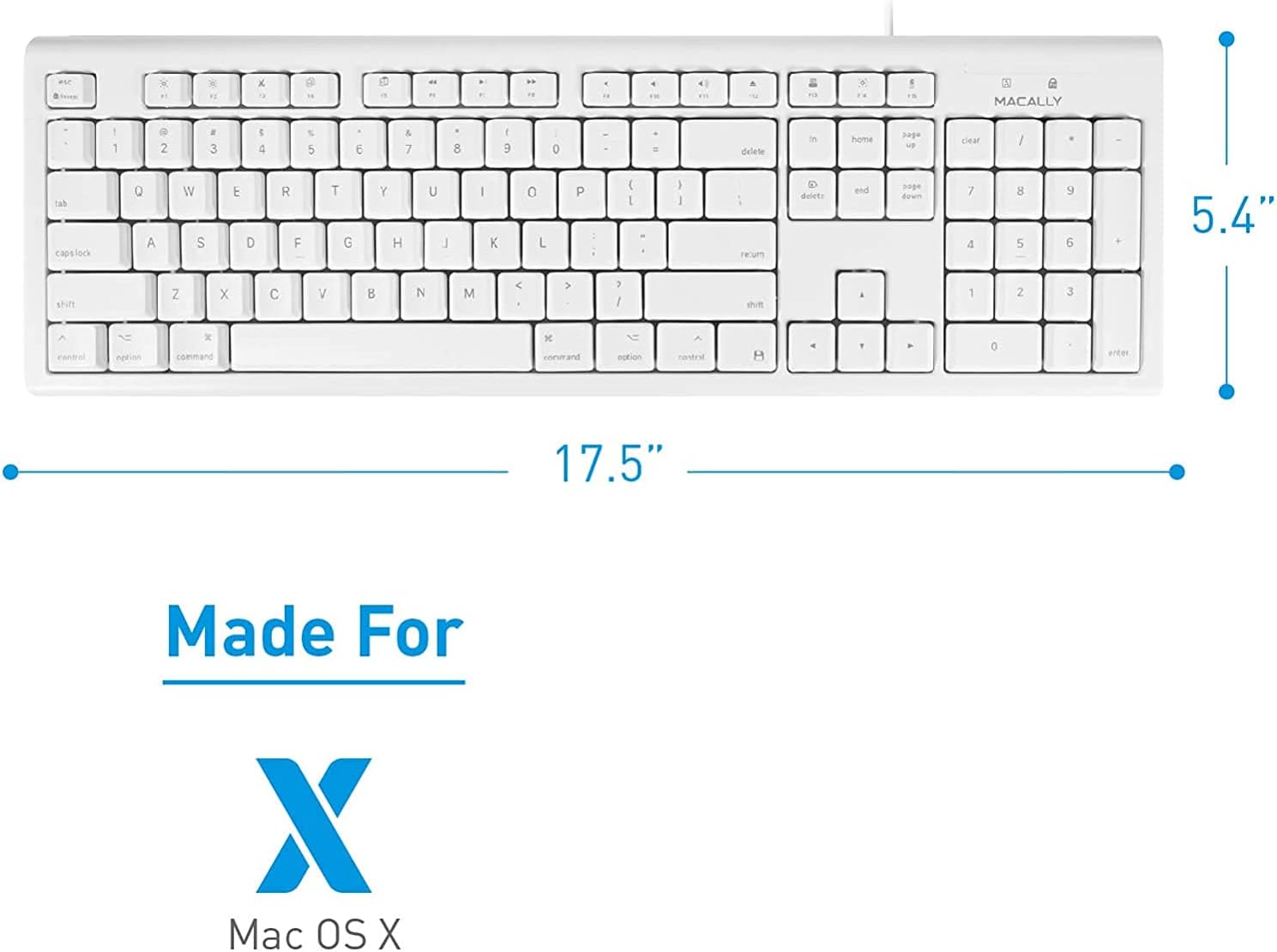 The text on the image is:

"MACALLY

Made For Mac OS X"

The corrected and grouped text from the keyboard image is:

"a * x - - - a. - . na , 3 ED MACALLY - : a 2 a 3 E 4 5 E & 7 8 1 9 0 - . delete ie home page u cear / dal capslock 0 A W S t D R F T G Y H U I K 0 L P : I I - - I I recurs dmiets and pape Bown 7 4 8 5 9 6 4 5.4" shift 2 x C V N M < > 3 I e . 1 2 3 A x x 1 - o eree 17.5" Made For X Mac OS X"