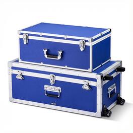 VEVOR - Metal Storage Trunk, Set of 2, Wooden Suitcase Storage Boxes with Padlocks, Large Trunk Includes Casters - Blue