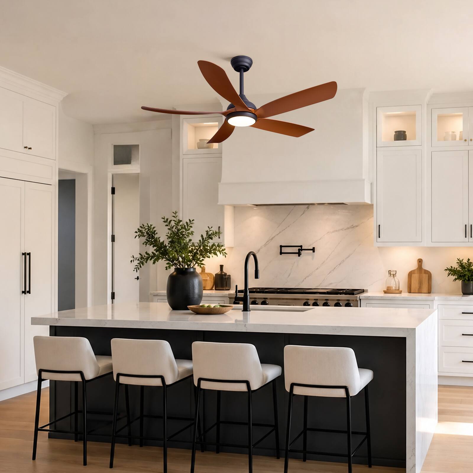 Left. Siljoy - 52 in Wood Grain 5 Blade Ceiling Fan with Integrated LED Light Remote App Control for Bedroom Living Room - BROWN.