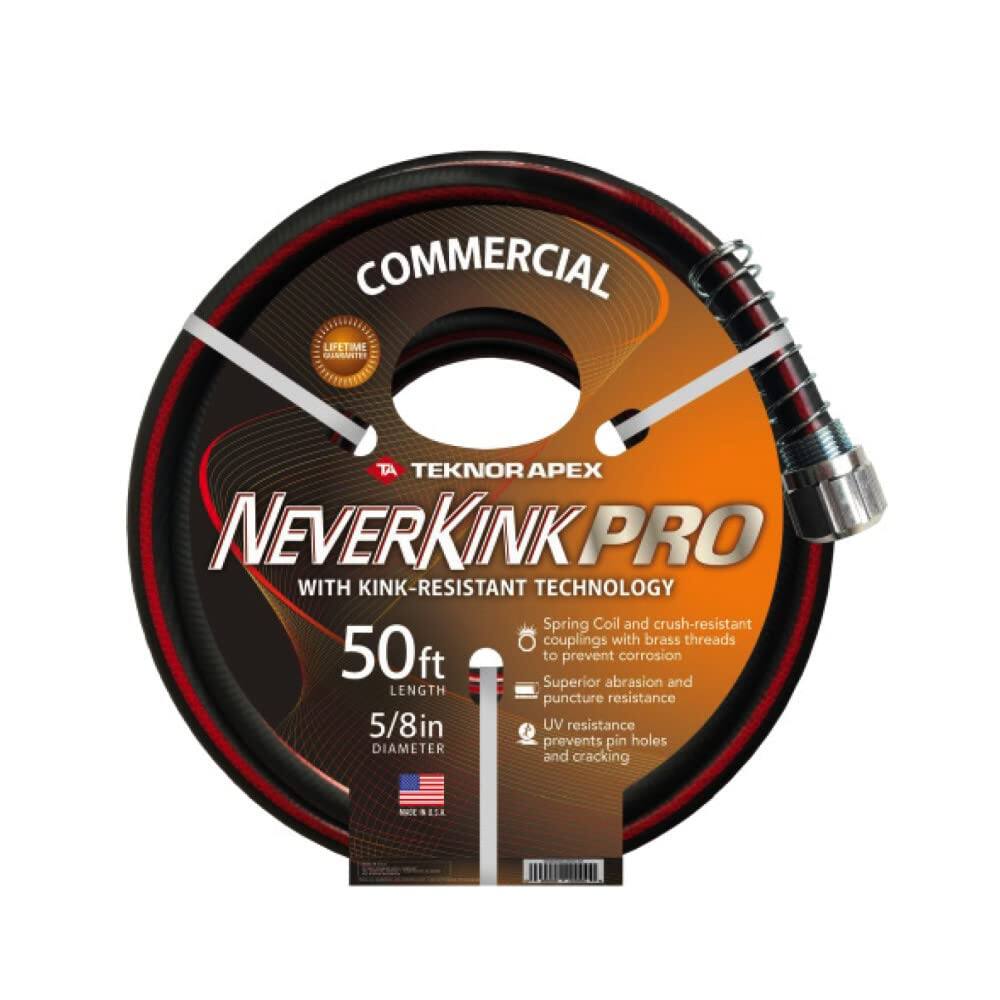 COMMERCIAL  
LIFETIME GUARANTEE  
TEKNOAPEX NEVERKINK PRO WITH KINK-RESISTANT TECHNOLOGY  
Spring Coil and crush-resistant couplings with brass threads to prevent corrosion  
Superior abrasion and puncture resistance  
UV resistance prevents pin holes and cracking  
50ft LENGTH  
5/8in DIAMETER  
A.S.A.