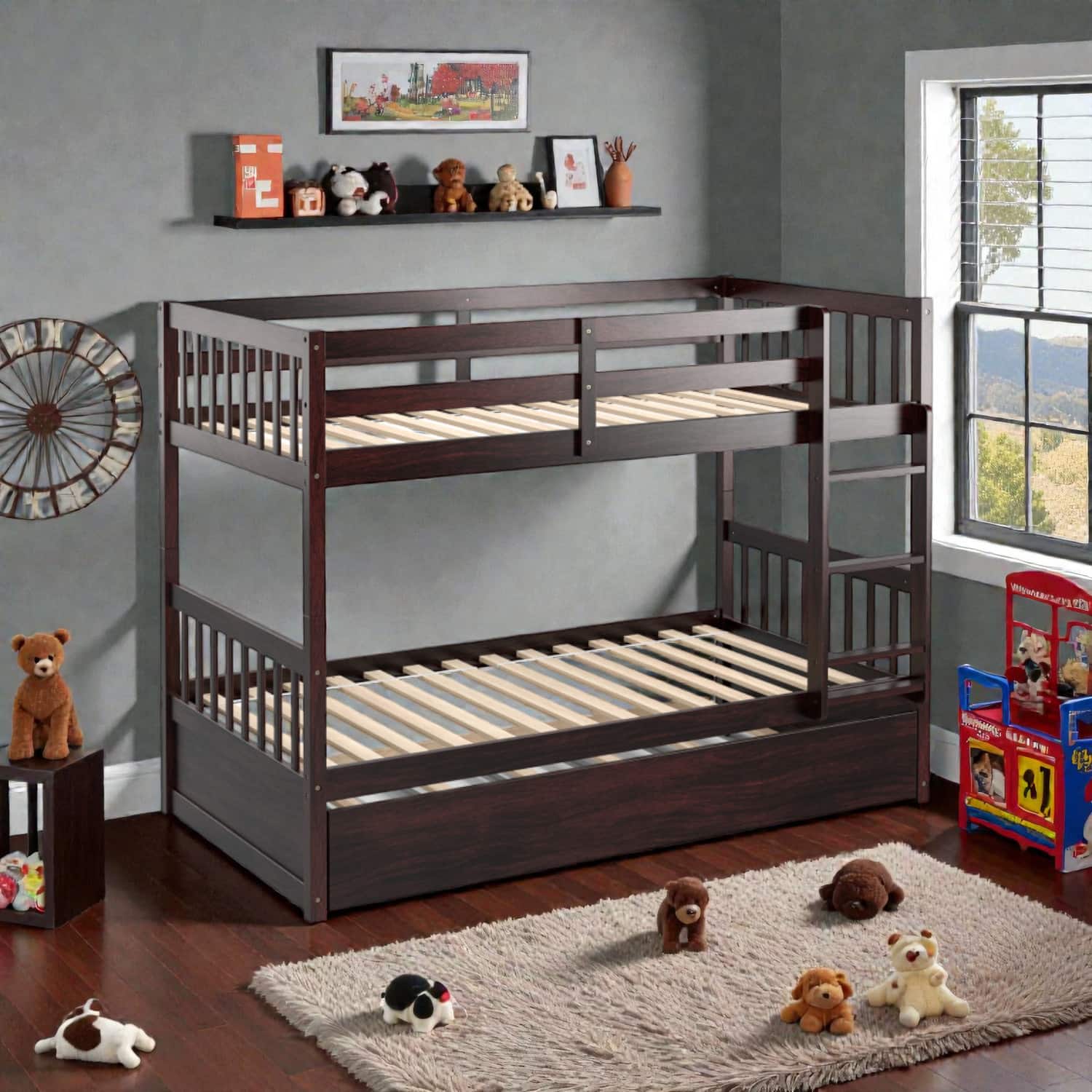 Hivvago - Twin Over Twin Stackable Bunk Bed with Trundle and Integrated Ladder - Espresso