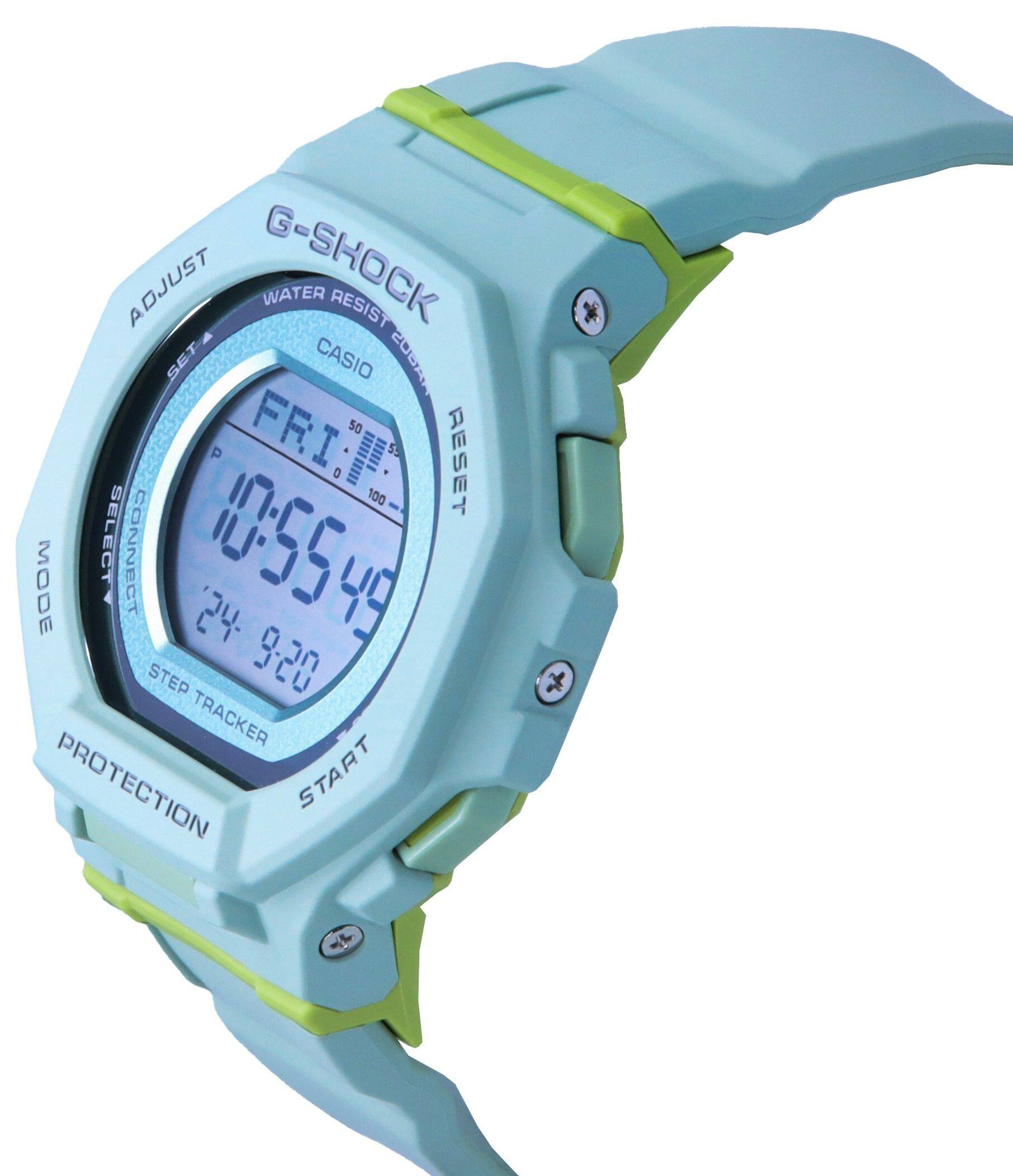 Sure, here is the corrected and grouped text from the image:

- **G-SHOCK**
- **WATER RESIST**
- **CASIO**
- **ADJUST**
- **SET**
- **RESET**
- **MODE**
- **SELECT**
- **CONNECT**
- **STEP TRACKER**
- **PROTECTION**
- **START**
- **FRI**
- **10:55:49**
- **24-9-20**
- **50**
- **52**
- **100**
- **0:554g**
- **49**
- **24-STEP**
- **9:20**