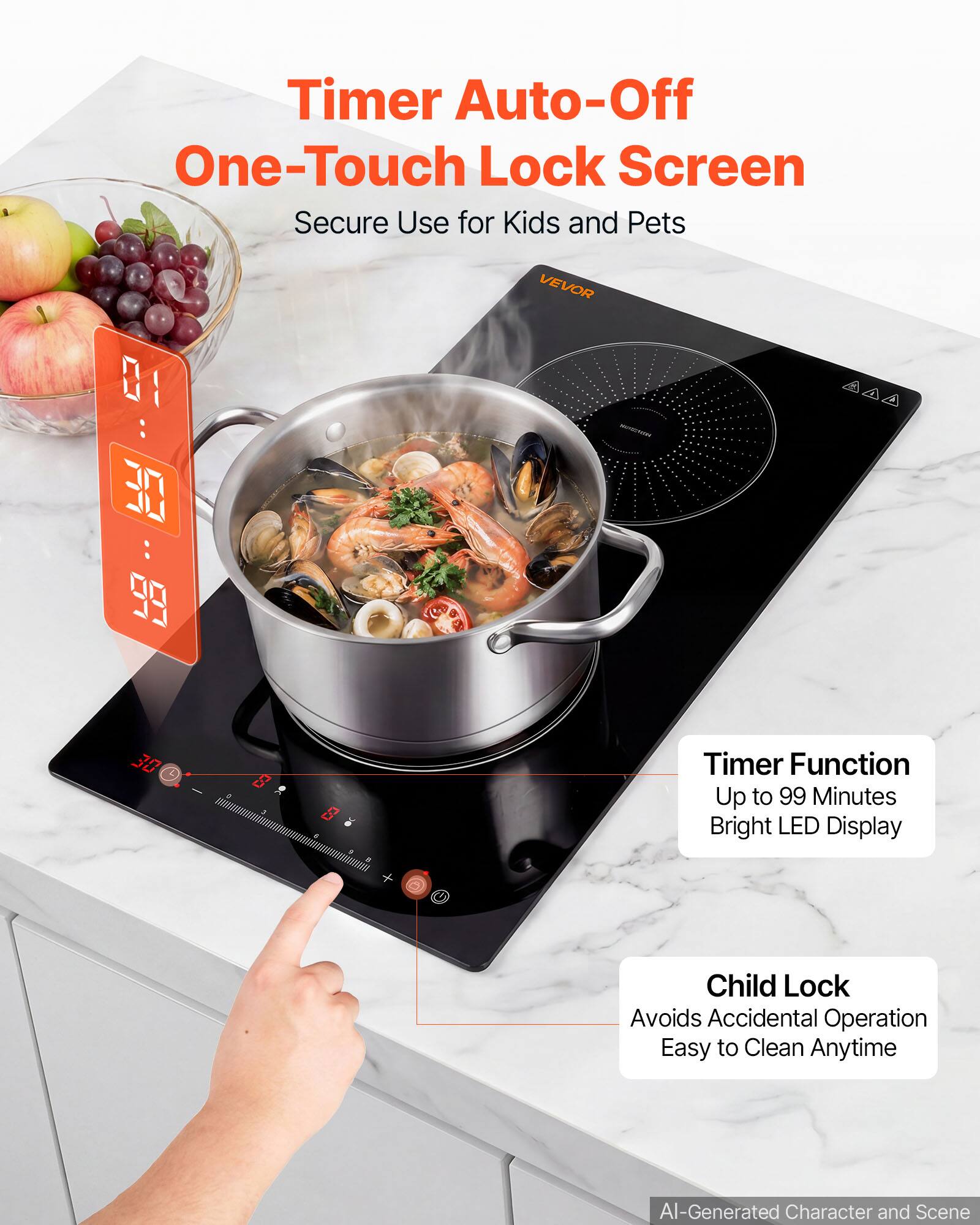 Timer Auto-Off One-Touch Lock Screen Secure Use for Kids and Pets

VEVOR

Timer Function Up to 99 Minutes Bright LED Display

Child Lock Avoids Accidental Operation Easy to Clean Anytime

AI-Generated Character and Scene