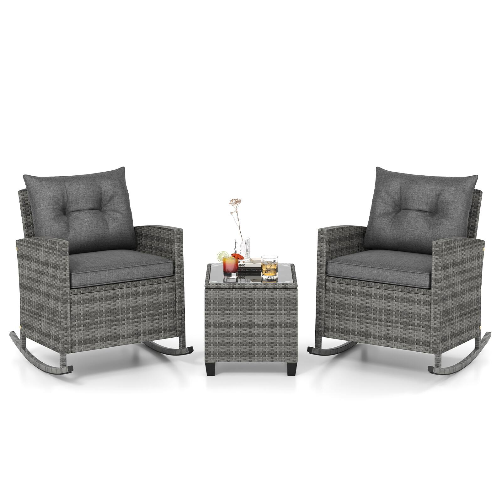 Alt View 8. Gymax - Gymax Set of 3 Wicker Rocking Set Patio w/ Tempered Glass Table & Soft Cushions Gray - Gray.