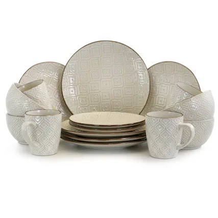 Front. Elama - Elama White Lily 16 Piece Luxurious Stoneware Dinnerware with Complete Setting for 4 - White Lily.