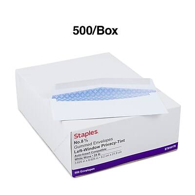 500/Box Staples No.8 Gummed Envelopes Privacy-Tint Left-Window Compatible Auto-insert 24 I Wove 9 cm White 8.625 in x 3.625 in 500 Envelopes ST918179
