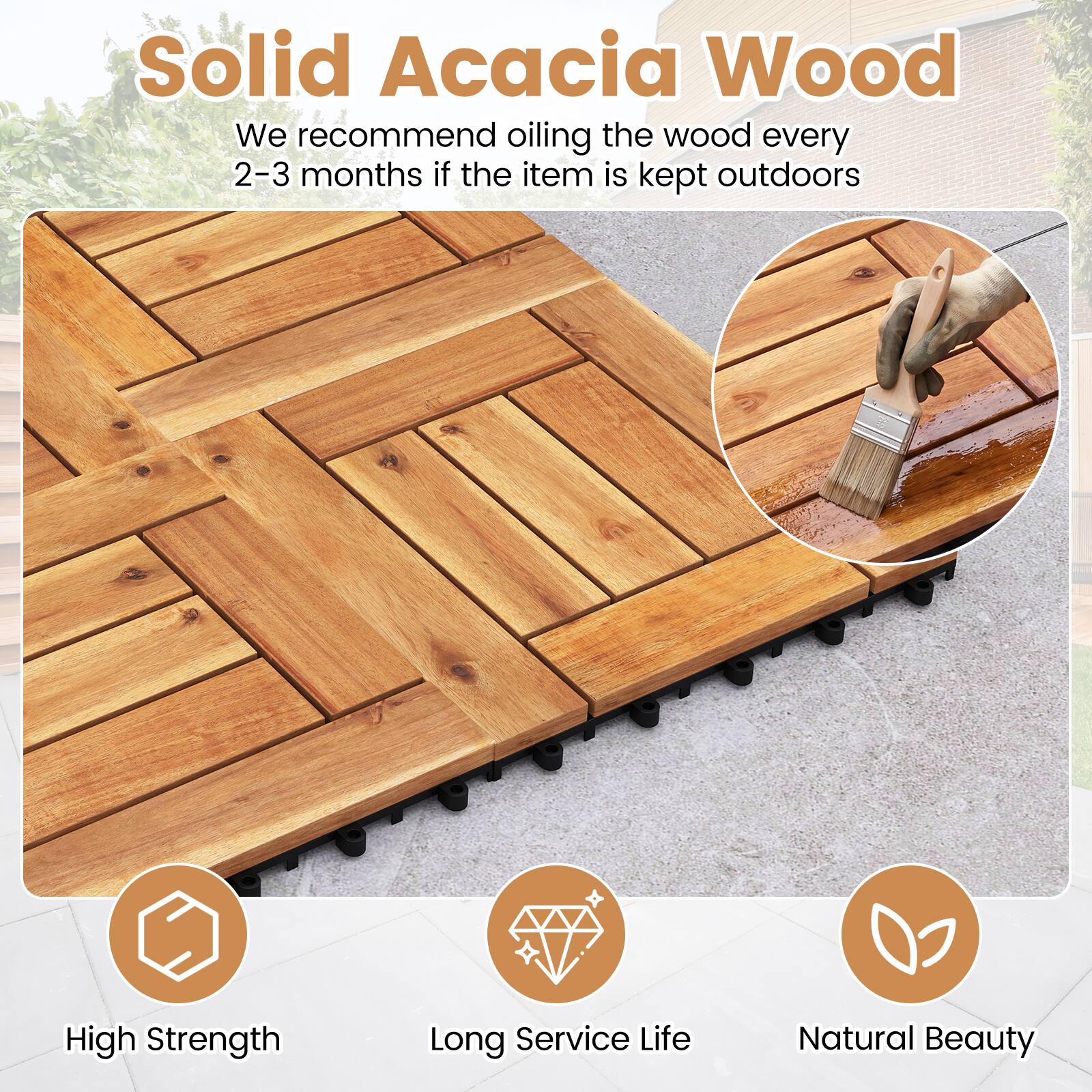 Solid Acacia Wood

We recommend oiling the wood every 2-3 months if the item is kept outdoors

High Strength
Long Service Life
Natural Beauty
