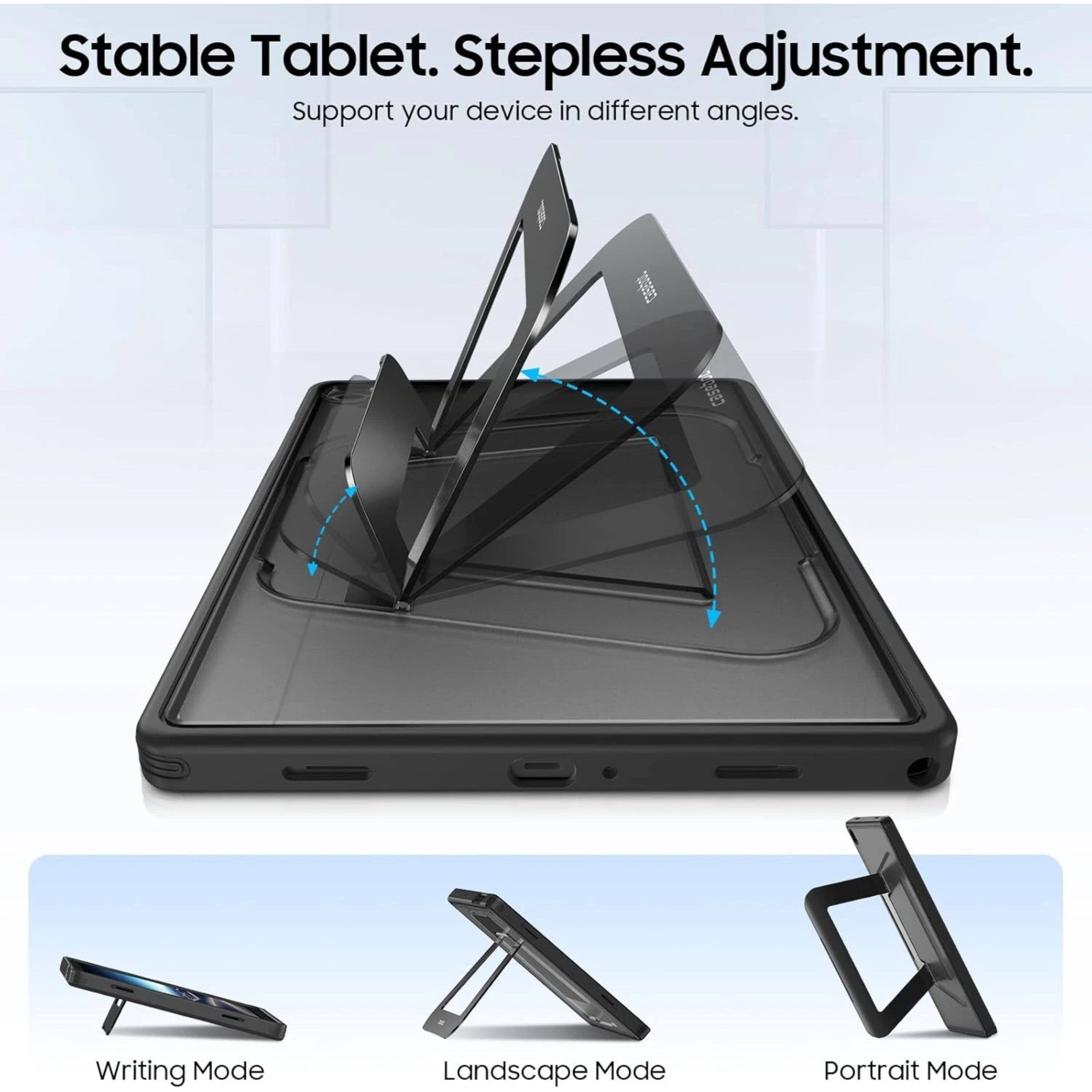 Stable Tablet. Stepless Adjustment.  
Support your device in different angles.  
Writing Mode  
Landscape Mode  
Portrait Mode