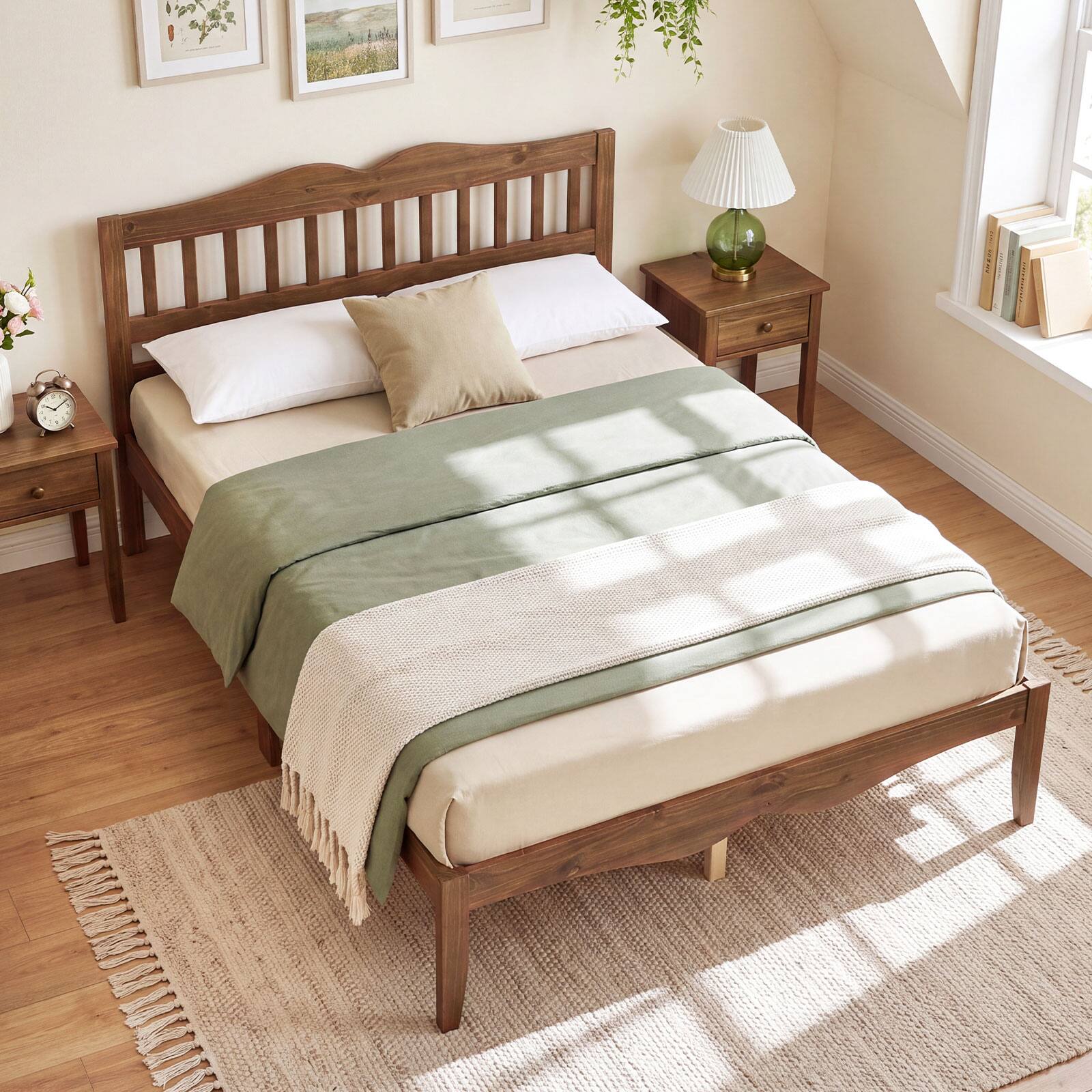 Alt View 5. Costway - Costway Full Size Platform Bed with Headboard, Solid Wood Frame, Sturdy Wood Slat Support - Walnut.
