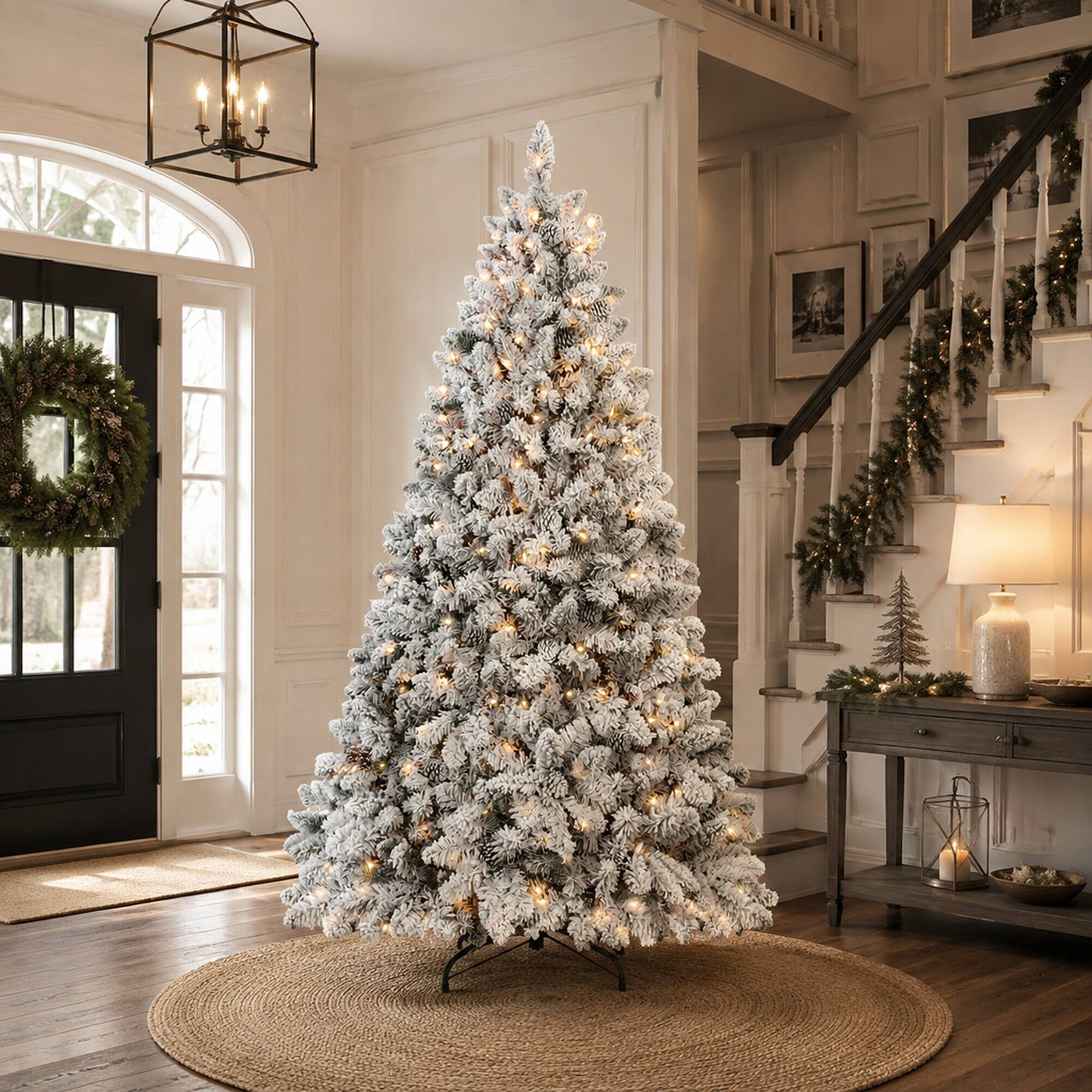 Alt View 1. RYHNUYNE - 8FT Flocked Pre-Lit Christmas Tree, 700 Lights 54 Natural Pine Cones 1754 Snowy PVC Tips Hinged Structure Easy Setup - Green,White.