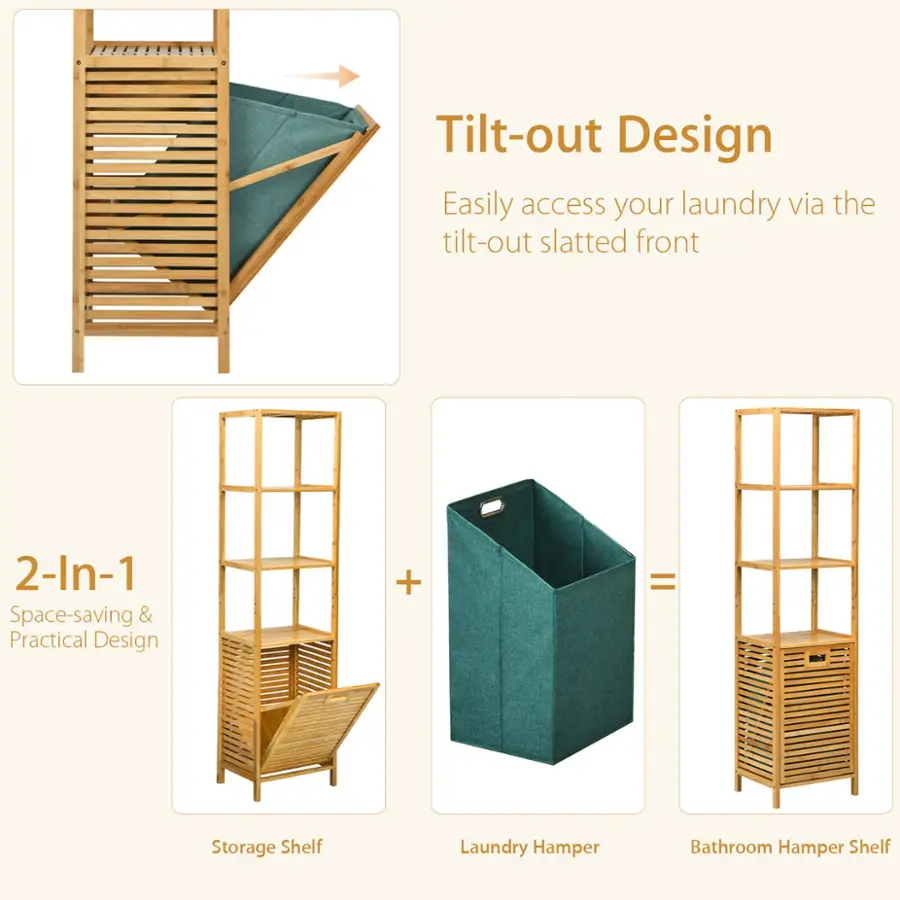 Tilt-out Design: Easily access your laundry via the tilt-out slatted front. 2-In-1 Space-saving & Practical Design: + Storage Shelf + Laundry Hamper = Bathroom Hamper Shelf