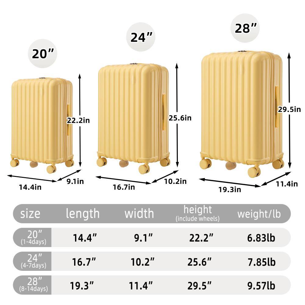 - **20" (1-4 days)**
  - Length: 14.4"
  - Width: 9.1"
  - Height: 22.2"
  - Weight: 6.83 lb

- **24" (4-7 days)**
  - Length: 16.7"
  - Width: 10.2"
  - Height: 25.6"
  - Weight: 7.85 lb

- **28" (8-14 days)**
  - Length: 19.3"
  - Width: 11.4"
  - Height: 29.5"
  - Weight: 9.57 lb