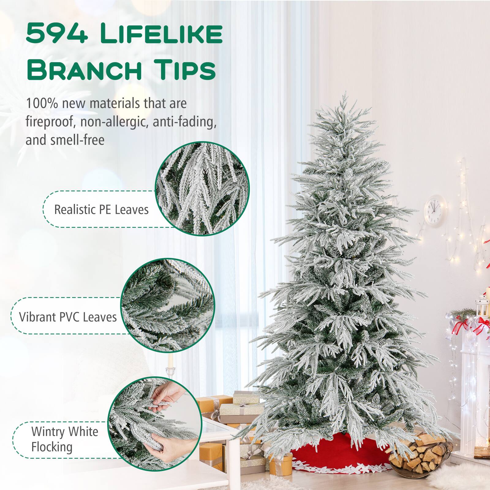 594 LIFELIKE BRANCH TIPS

100% new materials that are fireproof, non-allergic, anti-fading, and smell-free

- Realistic PE Leaves
- Vibrant PVC Leaves
- Wintry White Flocking