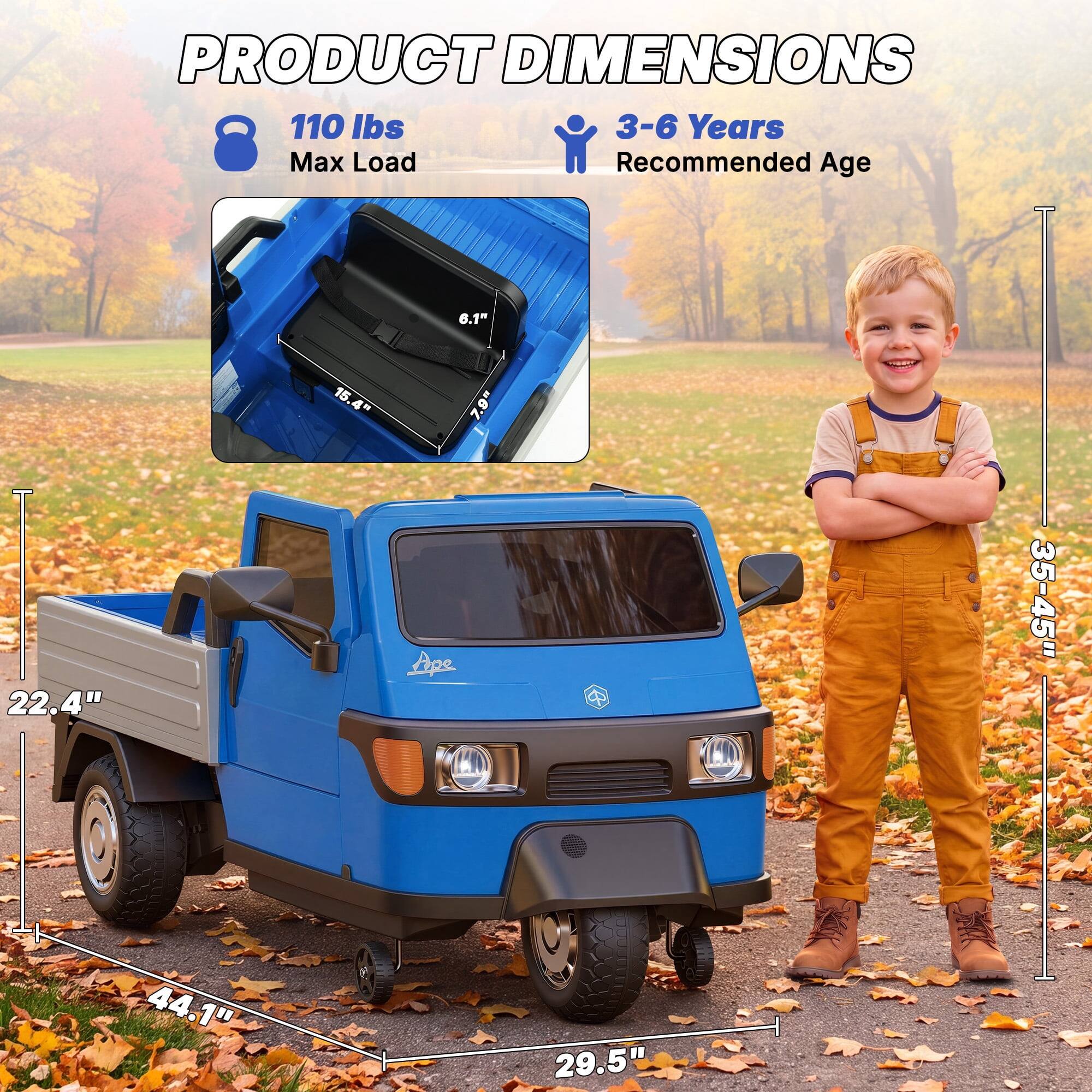 PRODUCT DIMENSIONS  
110 lbs Max Load  
3-6 Years Recommended Age  

6.1"  
22.4"  
15.4"  
7.9"  
35-45"  
44.1"  
29.5"
