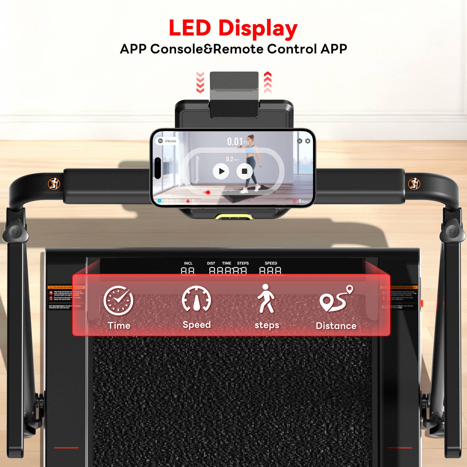 LED Display  
APP Console & Remote Control APP  

- Time  
- Speed  
- Steps  
- Distance