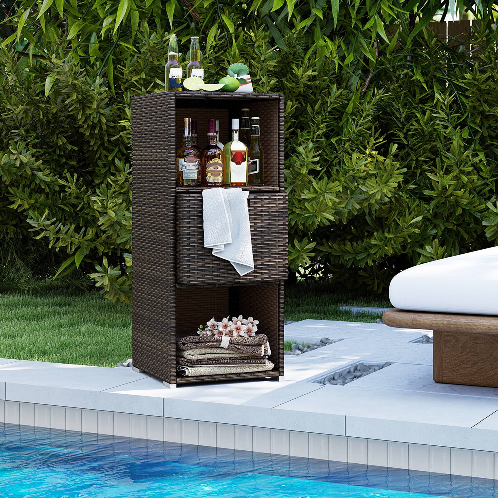 Alt View 4. Costway - Costway Outdoor Storage Cabinet with Storage Shelves Drawer and Rolling Wheels for Porch - Brown.