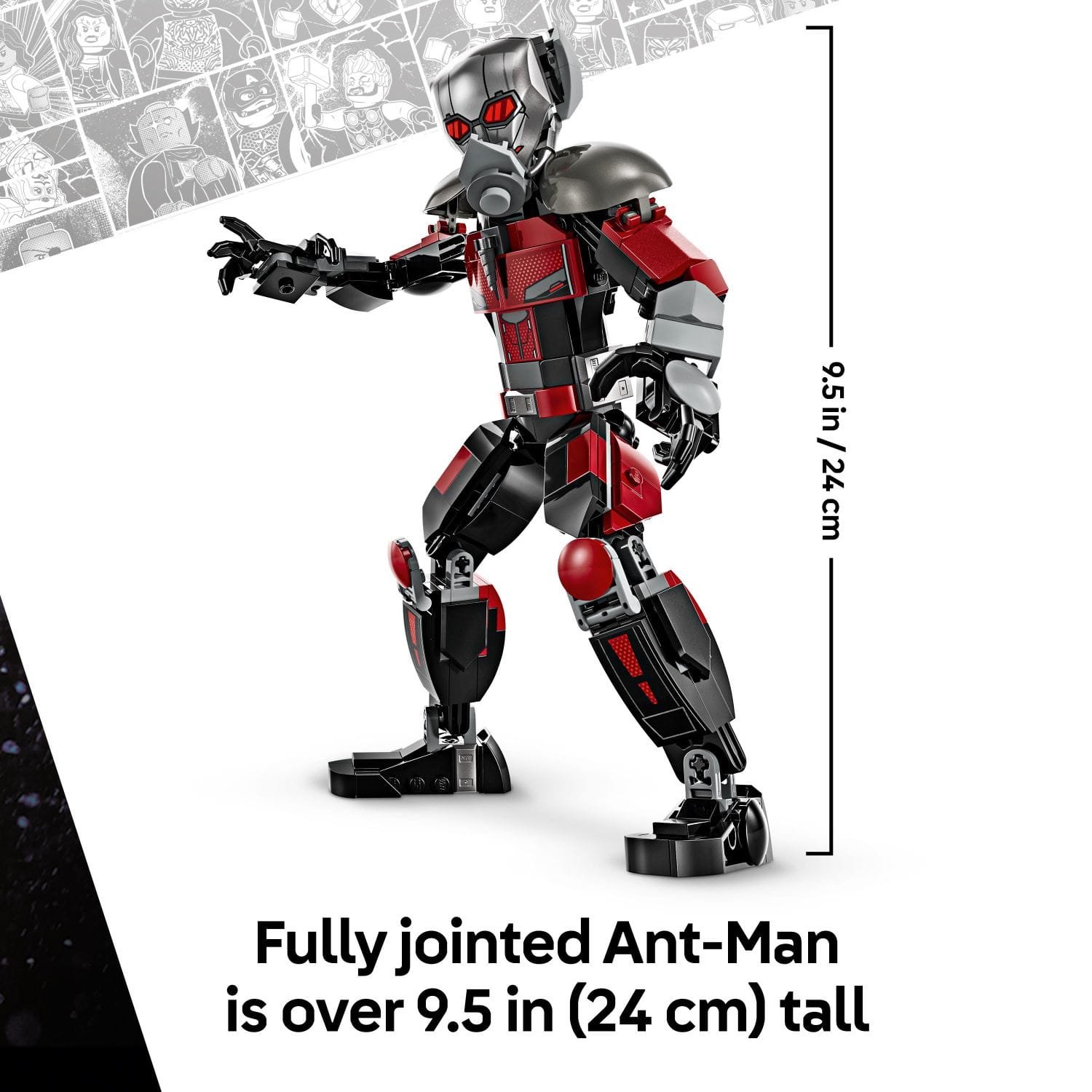 The text on the image reads: "Fully jointed Ant-Man is over 9.5 in (24 cm) tall."