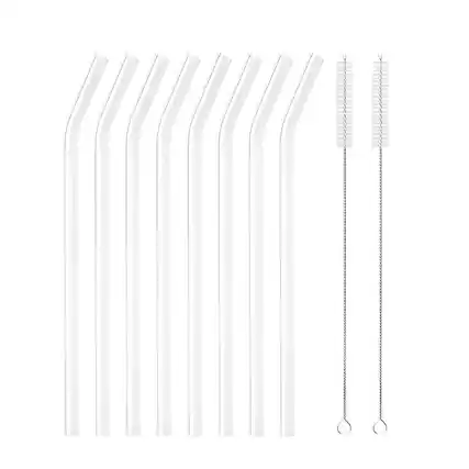 Front. Kitcheniva - Reusable Glass Straws with Cleaning Brush, 8 Pcs, Curved - Clear.