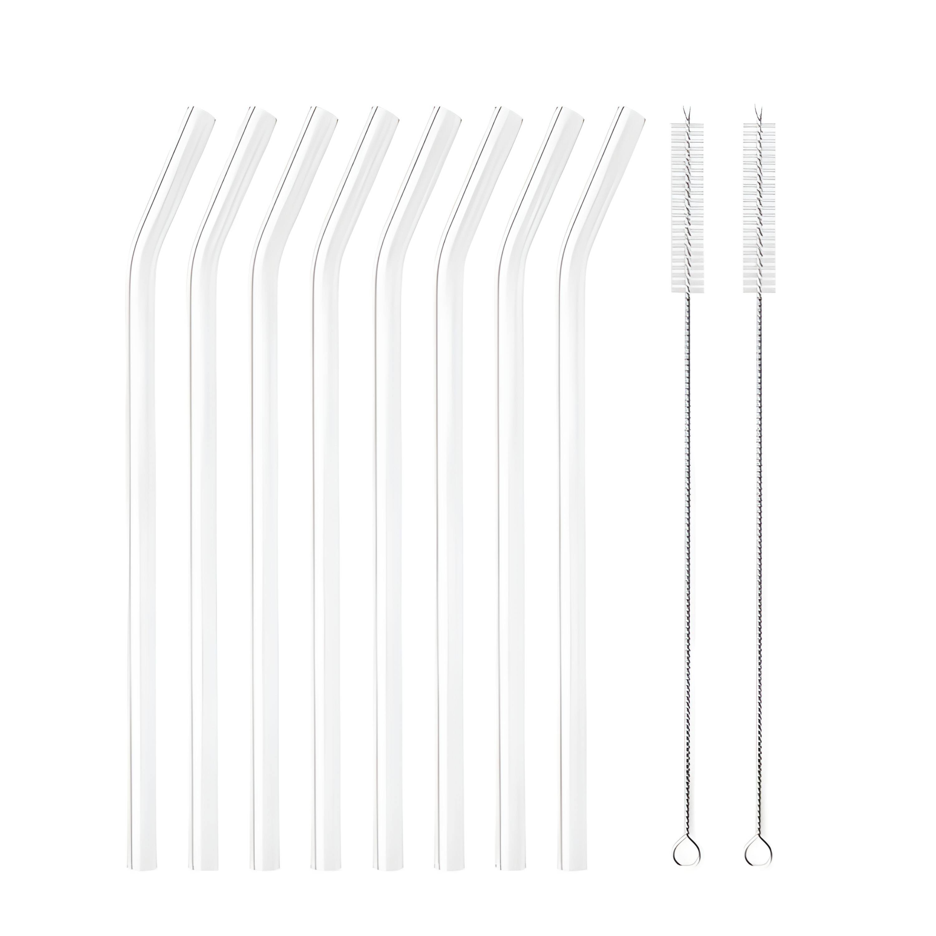 Front. Kitcheniva - Reusable Glass Straws with Cleaning Brush, 8 Pcs, Curved - Clear.