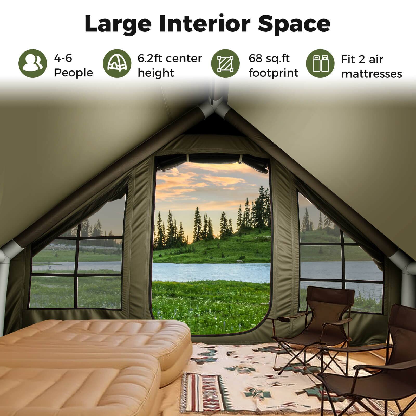 Large Interior Space

- 4-6 People
- 6.2ft center height
- 68 sq.ft footprint
- Fit 2 air mattresses