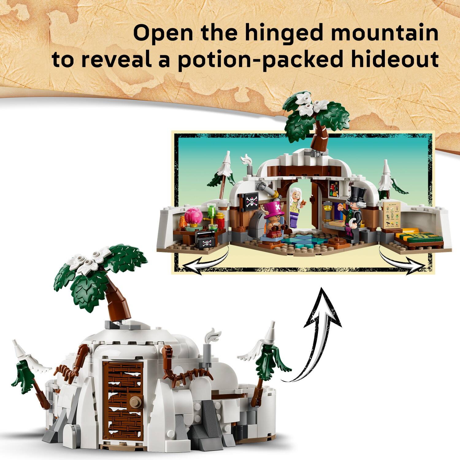 Open the hinged mountain to reveal a potion-packed hideout
