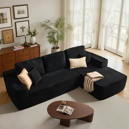 Front. Ovios - 104" Modular Sectional Sofa with Chaise, Modern L Shaped Couch for Living Room - Black(Corduroy, Right Facing).
