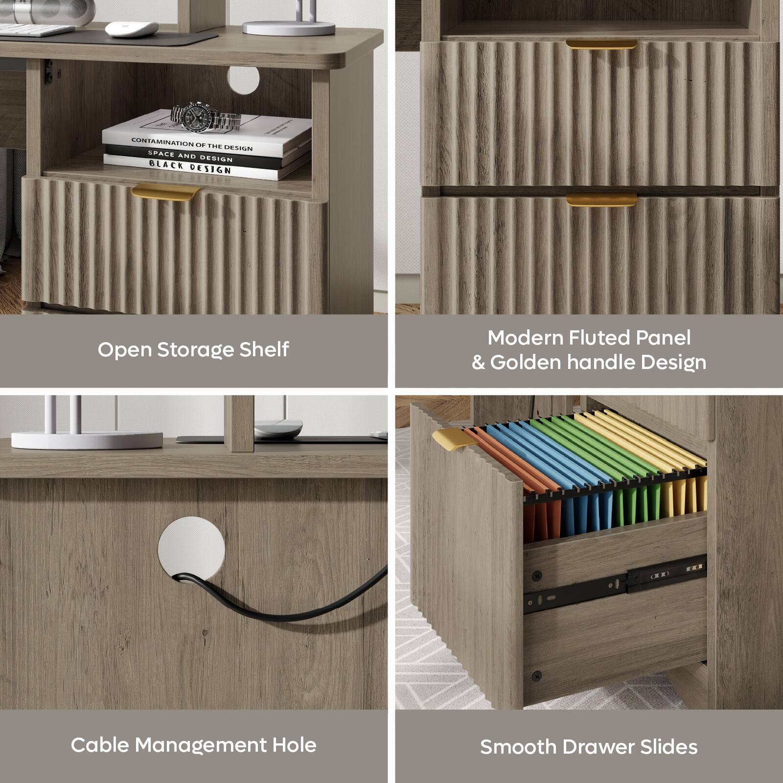 - Open Storage Shelf
- Modern Fluted Panel & Golden Handle Design
- Cable Management Hole
- Smooth Drawer Slides