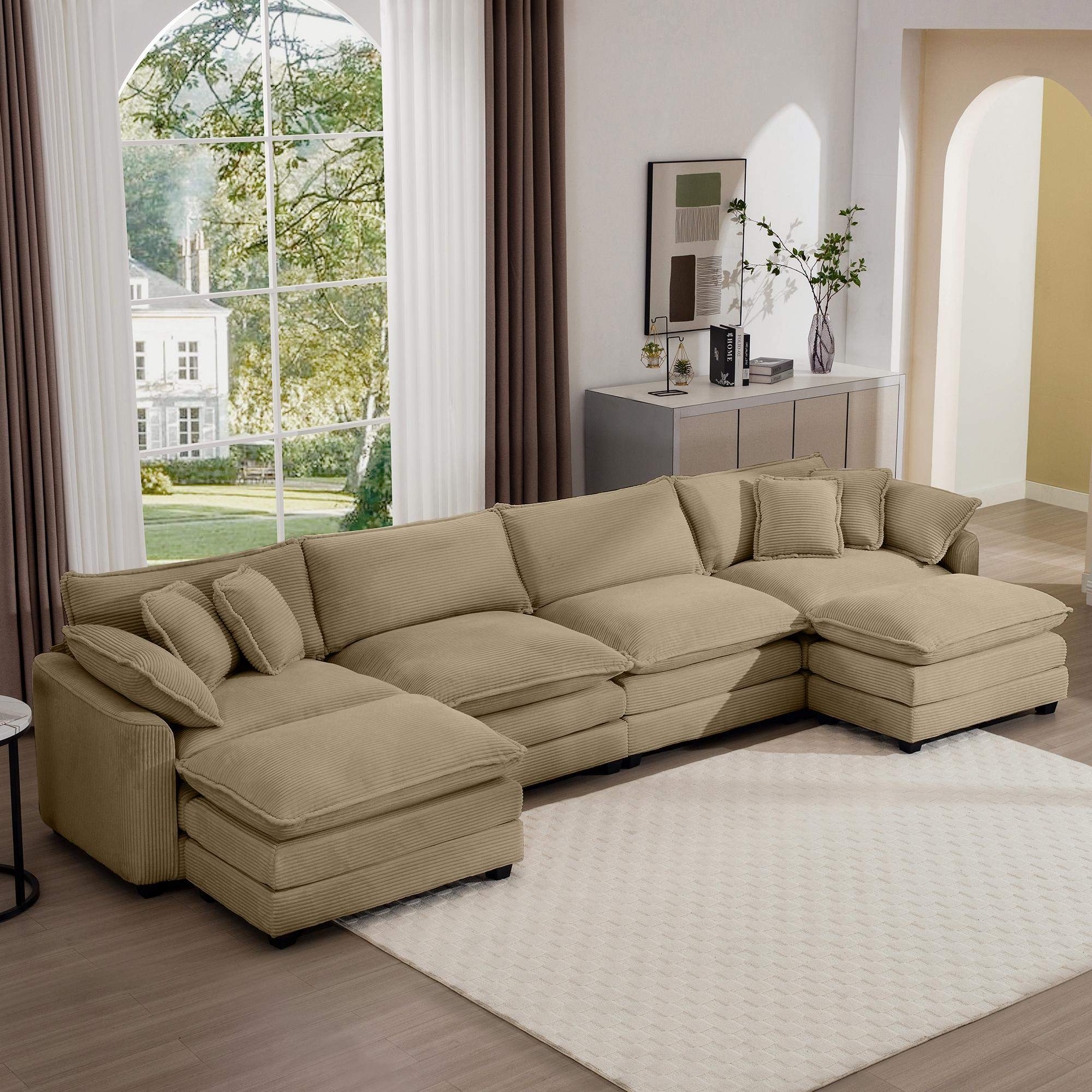 Left. LOVMOR - Corduroy Sofa Modern Upholstered 4 Seater with 3 Footstools Corduroy Fabric Sofa Office Living Room Apartment - Tan.