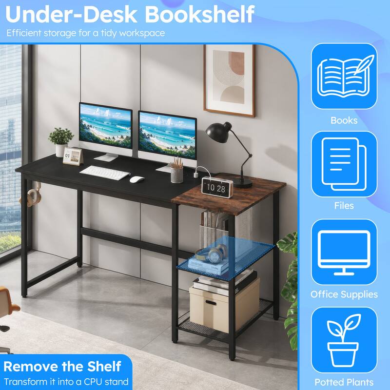 Under-Desk Bookshelf  
Efficient storage for a tidy workspace  

Books  
Files  
Office Supplies  
Potted Plants  

Remove the Shelf  
Transform it into a CPU stand