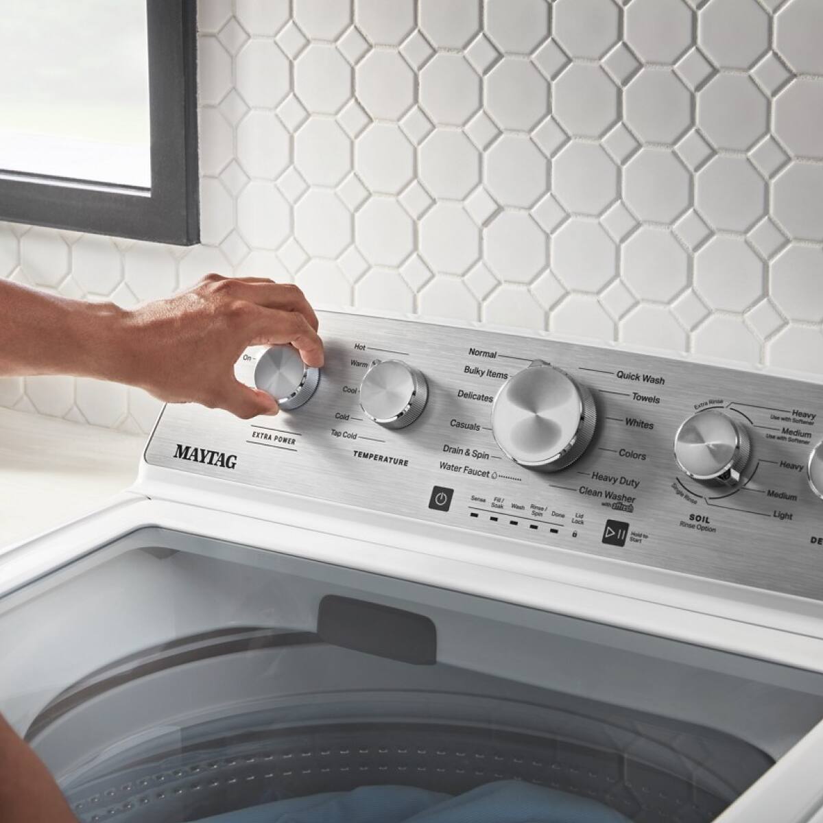 MAYTAG

EXTRA POWER

TEMPERATURE
- Hot
- Warm
- Cool
- Cold
- Top Cold

SOIL
- Heavy
- Medium
- Light

WASH
- Normal
- Bulky Items
- Delicates
- Towels
- Casuals
- Whites
- Colors
- Heavy Duty
- Clean Washer

DRY
- Heavy
- Medium
- Light

DE

Quick Wash

Drain & Spin

Water Faucet

Start

- On
- Off

- Fill
- Rinse
- Spin
- Damp
- Dry
- Lock

- 1
- 2
- 3
- 4
- 5
- 6