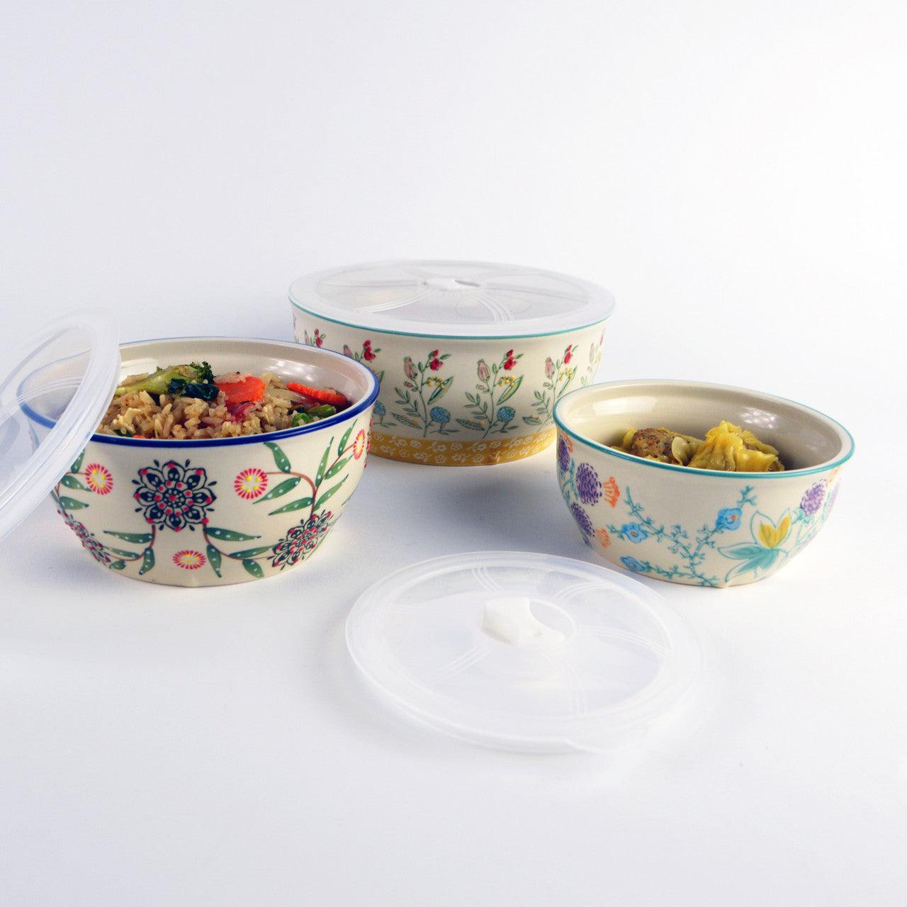 Back. Euro Ceramica Home - Ella 3 Piece Hand Painted Stoneware Nesting Storage and Prep Bowls Set - Green / Red / Pink / Yellow.