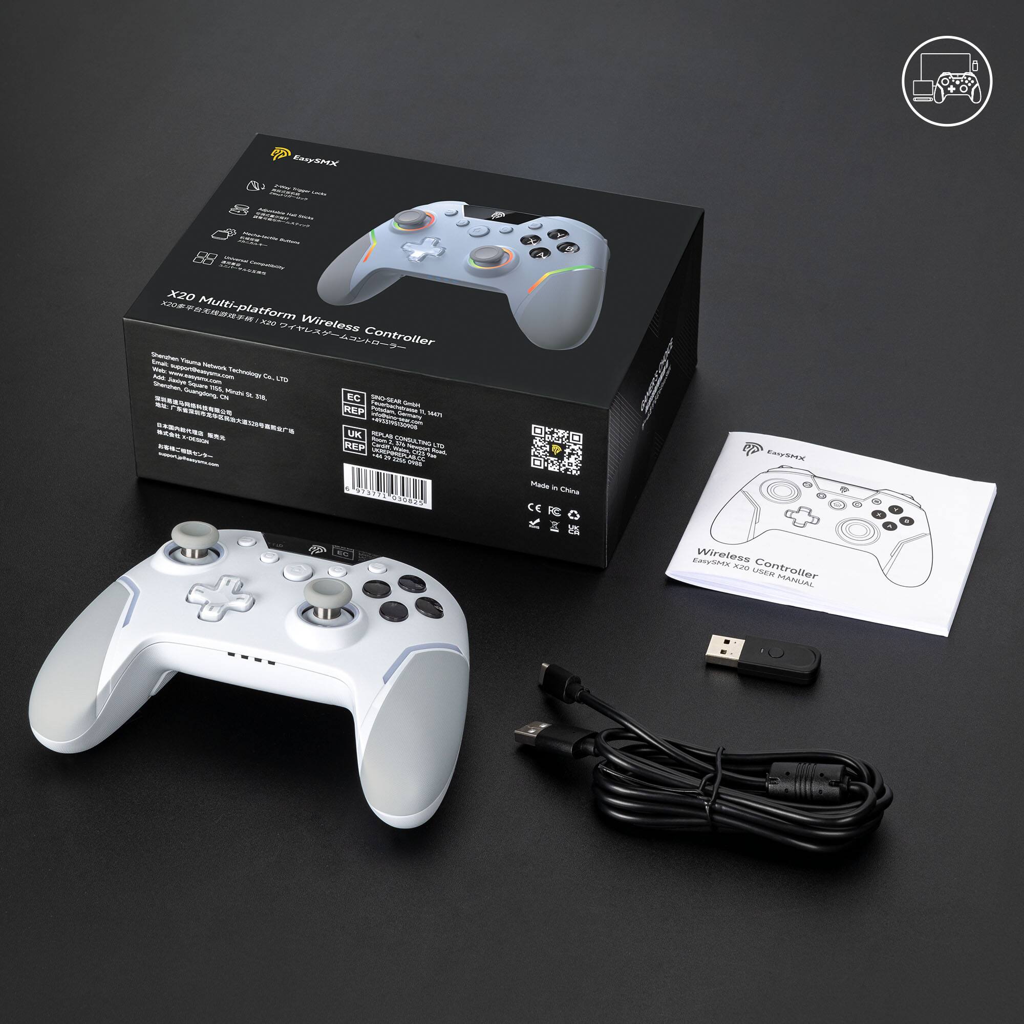 EasySNK

X20 Multi-platform Wireless Controller

EasySNK X20 Wireless Controller MANUAL

Made in China

EasySNK Technology Co., Ltd.
Address: Room 501, Building 1, No. 16, Guangzhou Avenue, Guangzhou, China
Tel: +86-20-3428-1116
Email: service@easysnk.com

CE
FCC
RoHS
REACH

EasySNK X20 Wireless Controller

EasySNK X20 Wireless Controller MANUAL