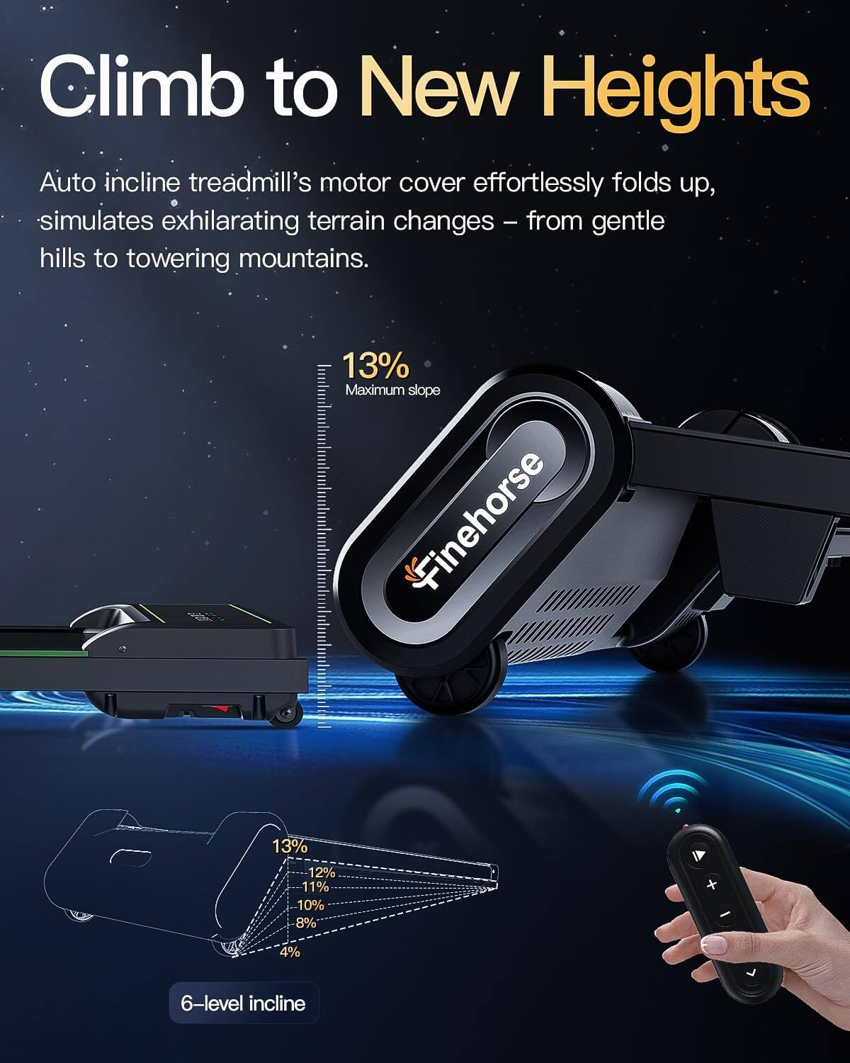 Climb to New Heights

Auto incline treadmill's motor cover effortlessly folds up, simulates exhilarating terrain changes – from gentle hills to towering mountains.

13% Maximum slope

6-level incline

13%
12%
11%
10%
8%
4%