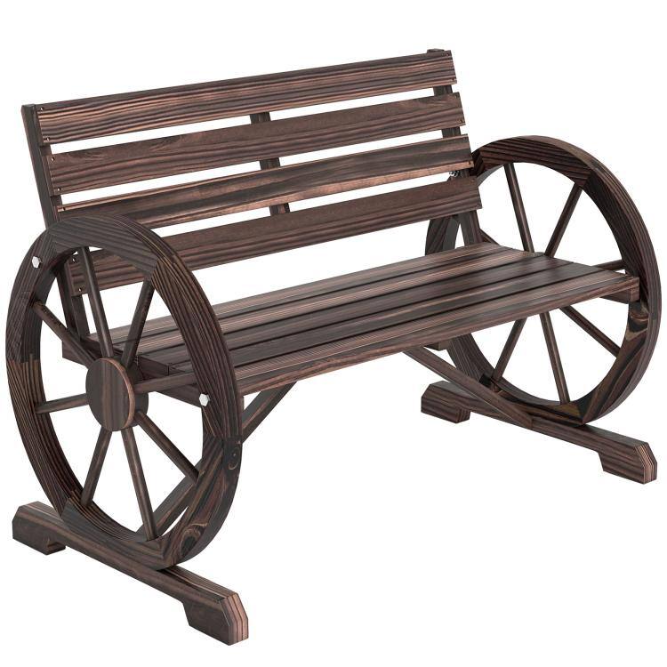 Front. PULUZ - 41 inch Wooden Wagon Wheel Bench, Rustic Outdoor Patio Bench Weather Resistance Furniture, 2-Person Slatted Seat with Ba - Brown.