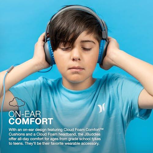 ON-EAR COMFORT

With an on-ear design featuring Cloud Foam Comfort™ Cushions and a Cloud Foam headband, the JBuddies offer all-day comfort for ages from grade school tykes to teens. They'll be their favorite wearable accessory.