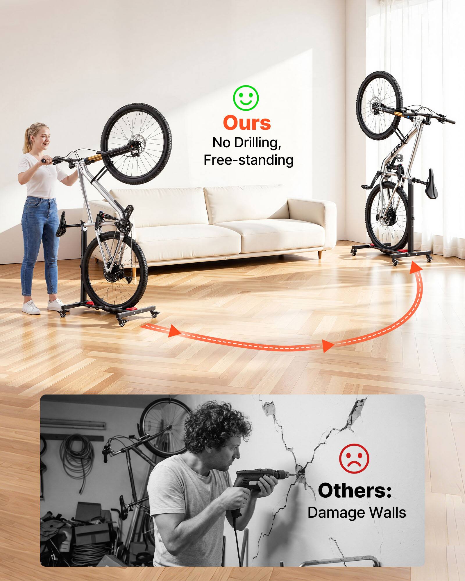 Ours: No Drilling, Free-standing  
Others: Damage Walls
