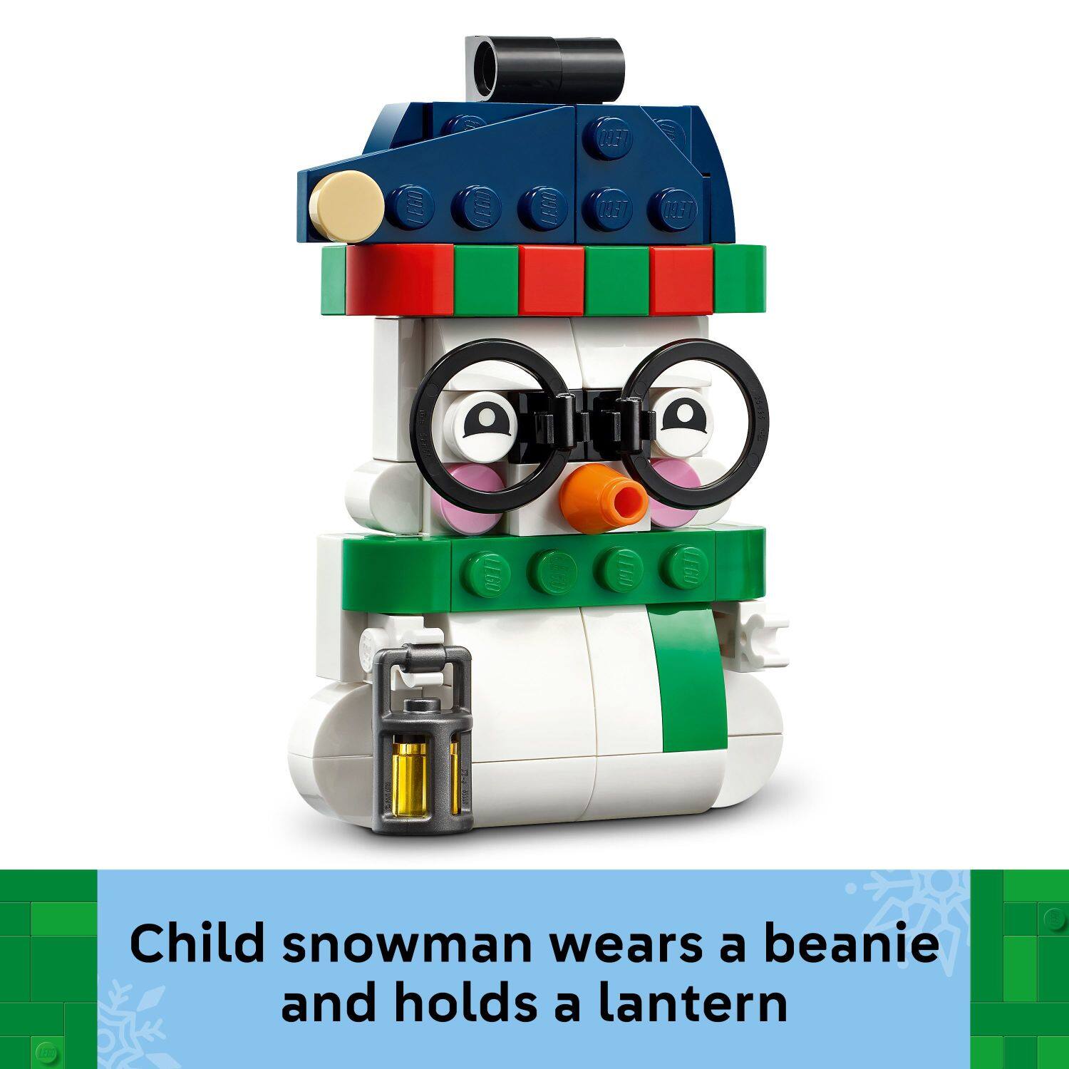 Child snowman wears a beanie and holds a lantern