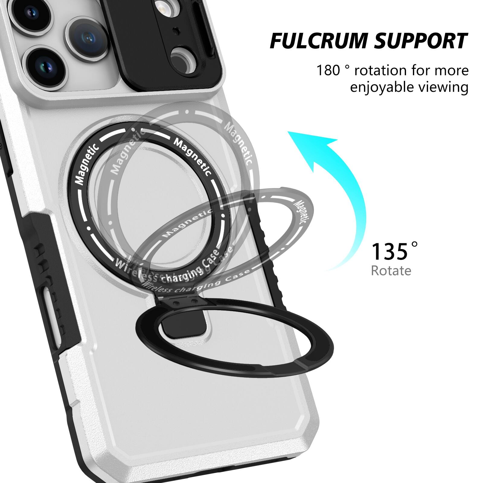 FULCRUM SUPPORT

Magnetic Wireless Charging Case

180° rotation for more enjoyable viewing

135° Rotate