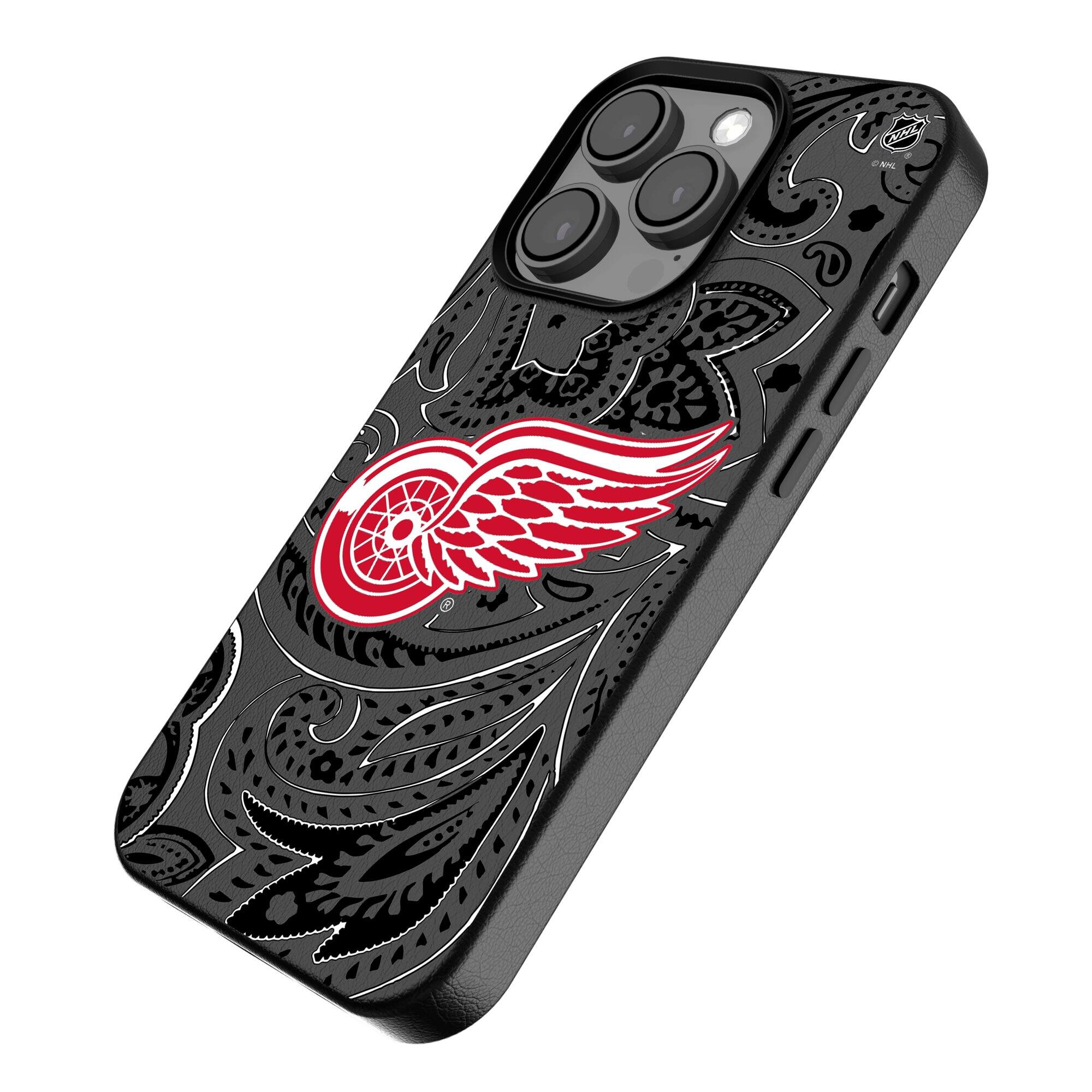 Alt View 1. Keyscaper - Black Detroit Red Wings Paisley iPhone Magnetic Bump Case - 16 Plus - Black.