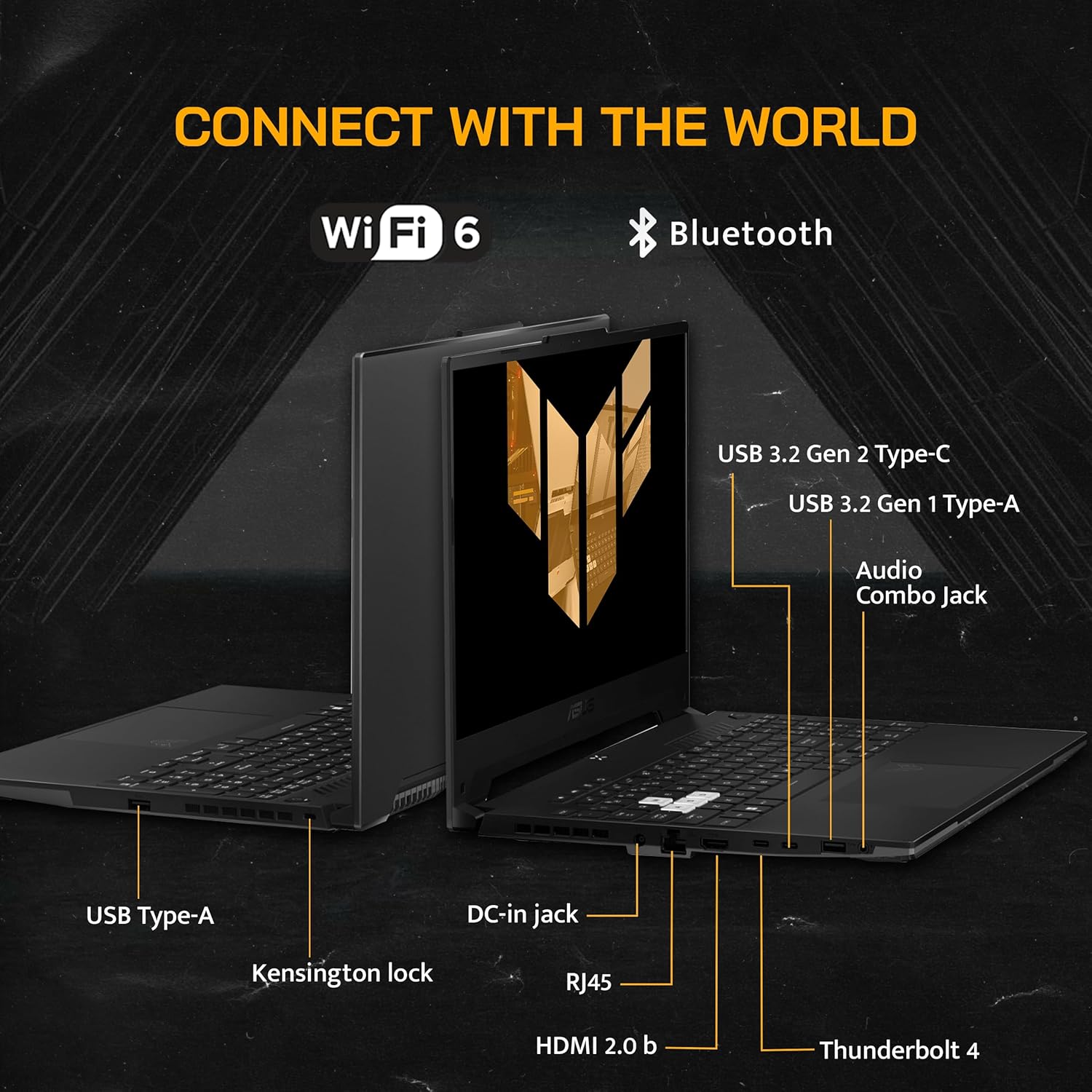 CONNECT WITH THE WORLD

Wi-Fi 6  
Bluetooth

USB 3.2 Gen 2 Type-C  
USB 3.2 Gen 1 Type-A  
Audio Combo Jack  
USB Type-A  
Kensington lock  
DC-in jack  
RJ45  
HDMI 2.0 b  
Thunderbolt 4