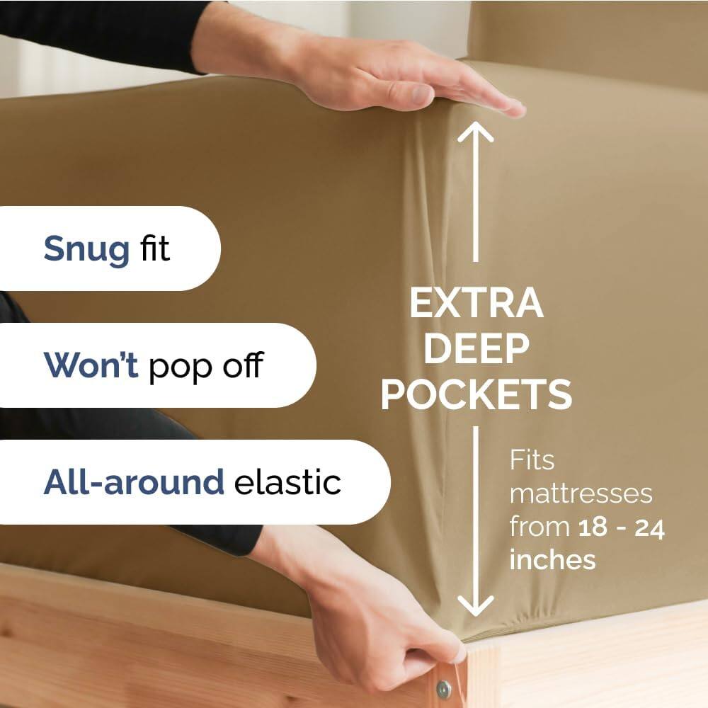 Snug fit  
Won't pop off  
EXTRA DEEP POCKETS  
All-around elastic  
Fits mattresses from 18 - 24 inches