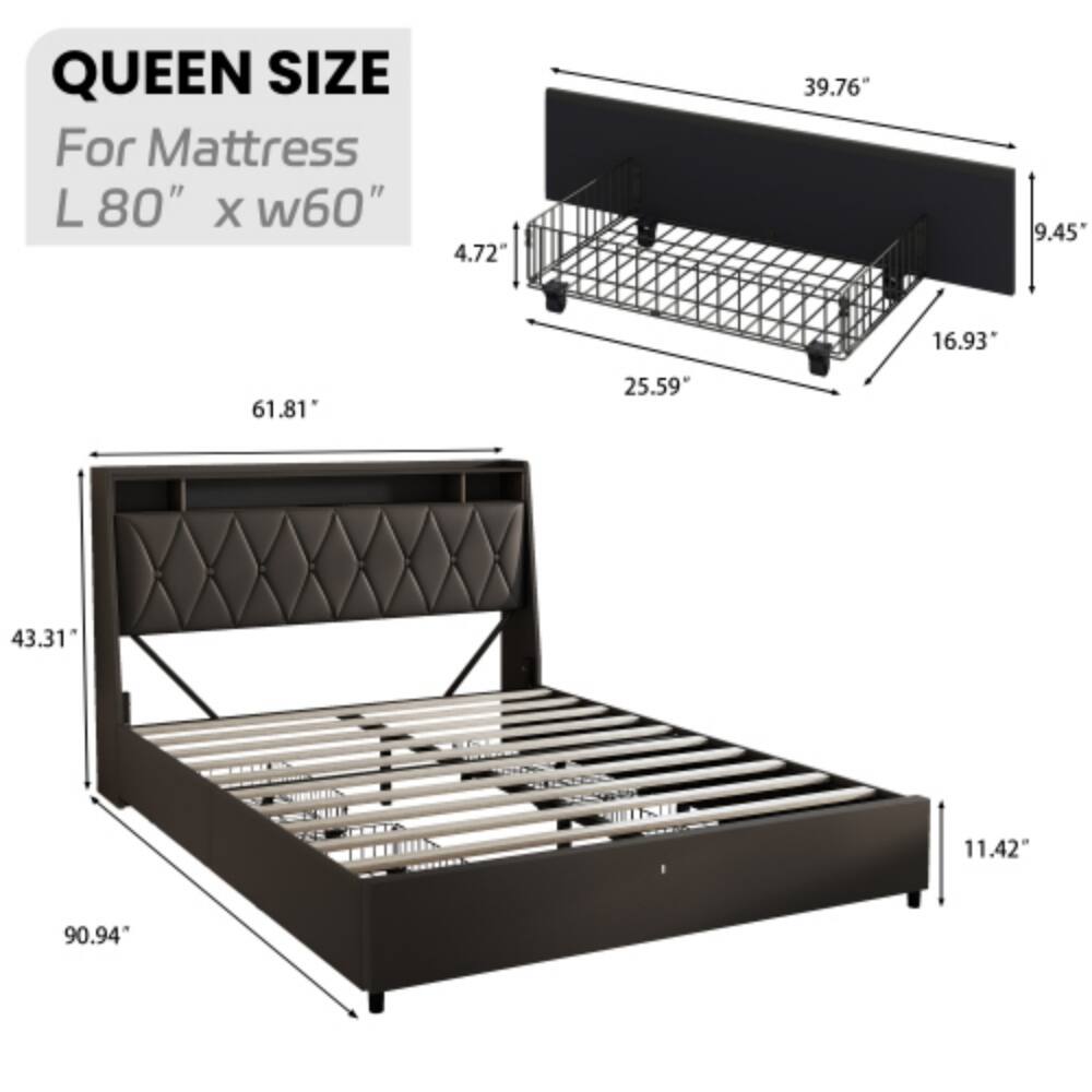 QUEEN SIZE  
For Mattress  
L 80" x w60"  

- 4.72"  
- 39.76"  
- 9.45"  
- 16.93"  
- 61.81"  
- 25.59"  
- 43.31"  
- 11.42"  
- 90.94"