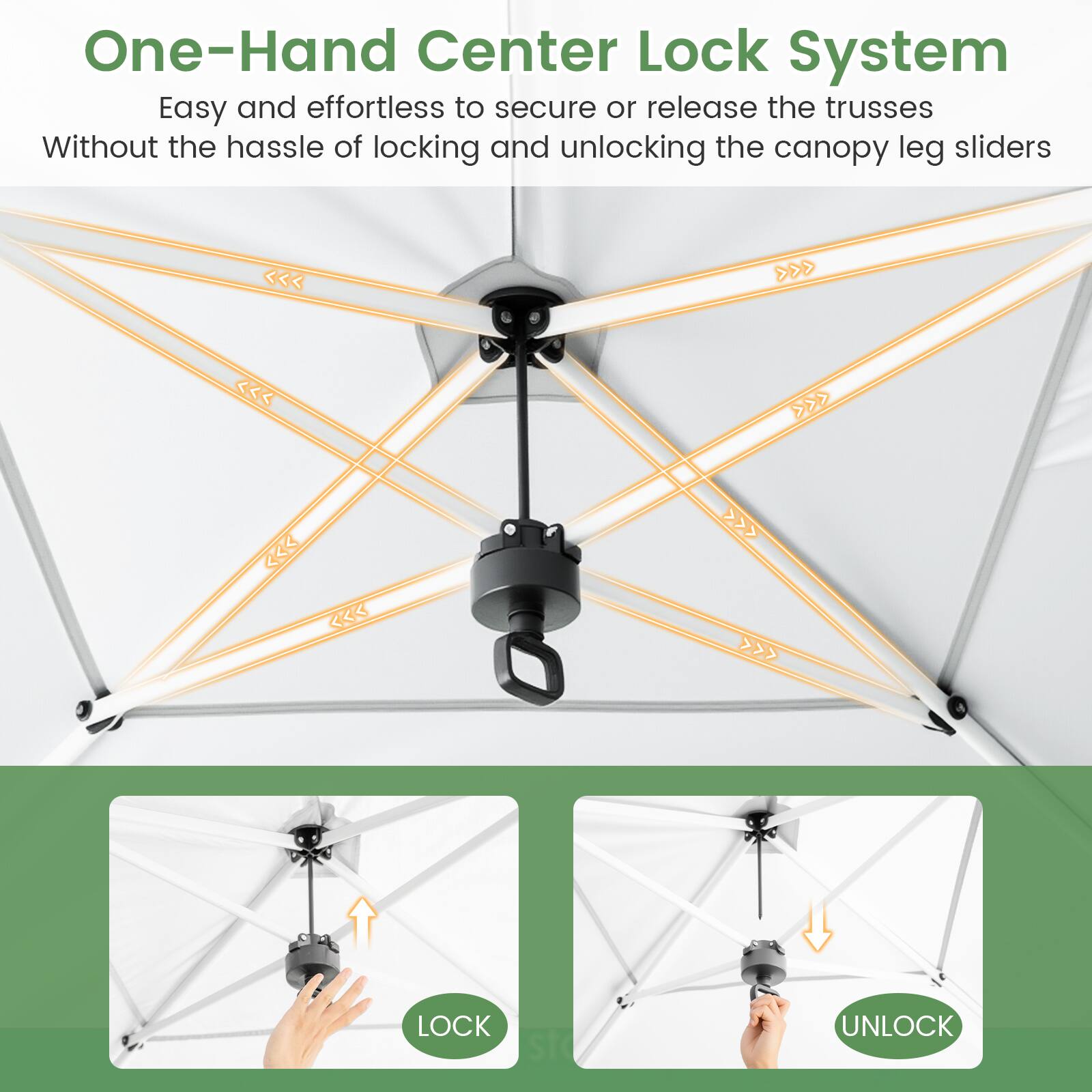 One-Hand Center Lock System

Easy and effortless to secure or release the trusses without the hassle of locking and unlocking the canopy leg sliders.

LOCK UNLOCK
