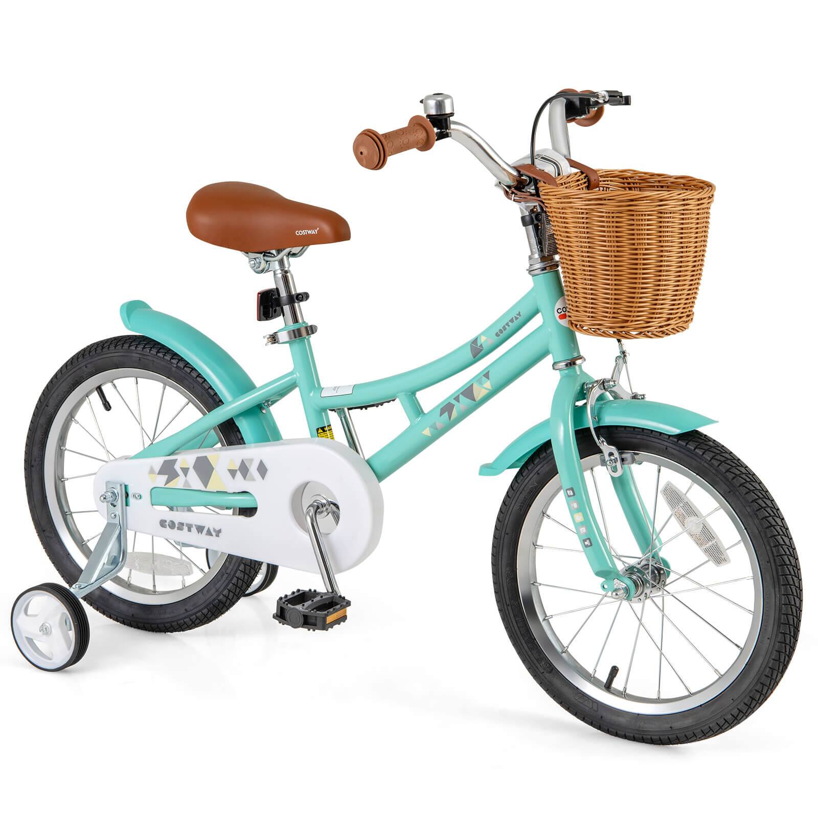 Costway - 16" Kid Bicycle with Height-Adjustable Handlebar & Saddle Storage Basket Bell - Green