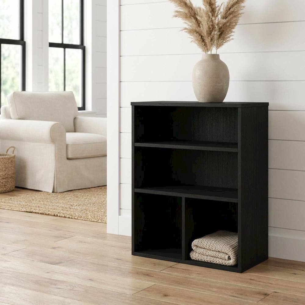 Angle. FurniFact - Black 3-Tier Display Bookcase with Wooden Shelves for Living Room or Office - Black Oak.