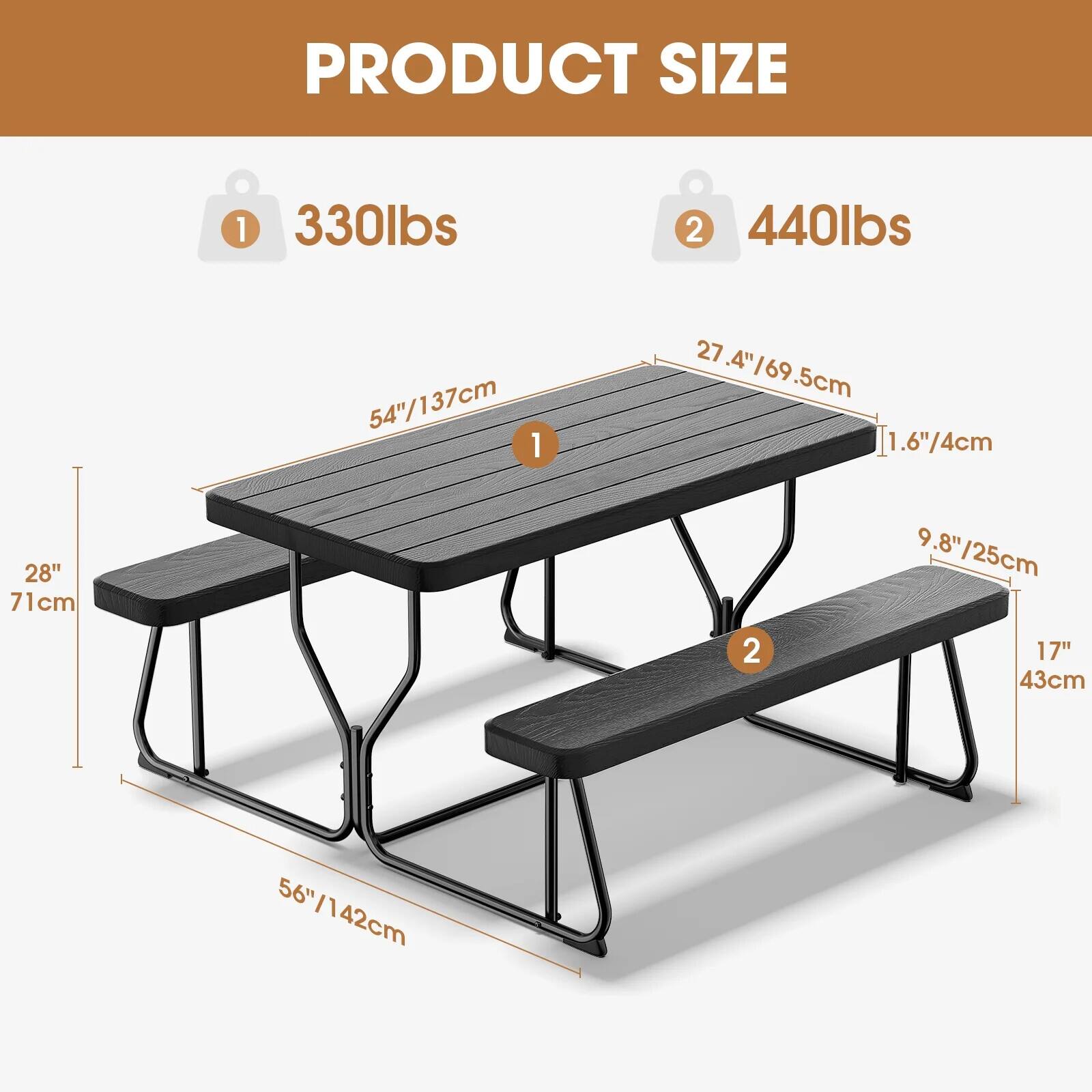 PRODUCT SIZE

1. 330lbs  
   - 54"/137cm  
   - 27.4"/69.5cm  
   - 1.6"/4cm  
   - 28"/71cm  
   - 9.8"/25cm  
   - 56"/142cm  

2. 440lbs  
   - 17"/43cm