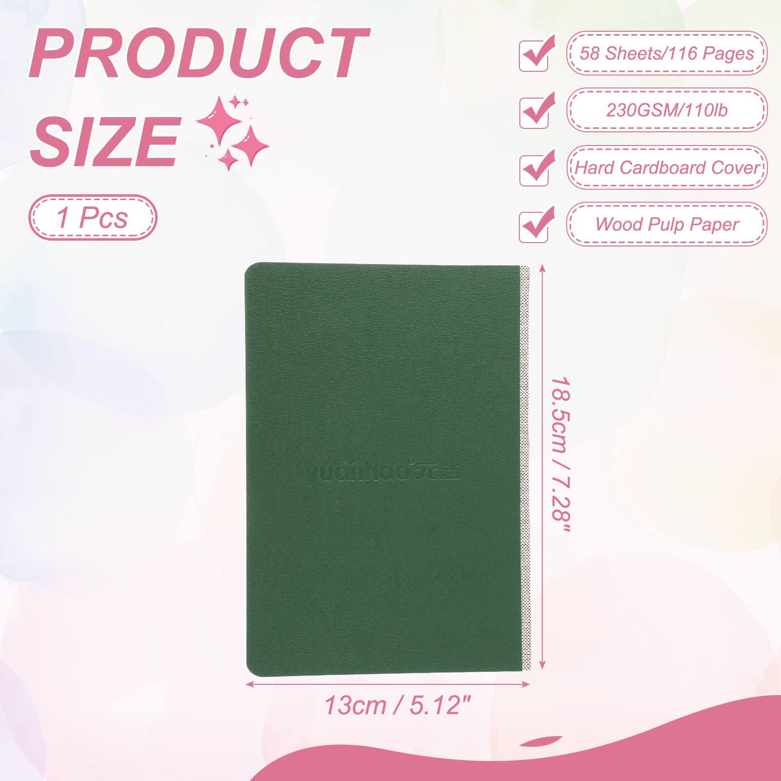 PRODUCT SIZE

1 Pcs

58 Sheets/116 Pages

230GSM/110lb

Hard Cardboard Cover

Wood Pulp Paper

18.5cm / 7.28" x 13cm / 5.12"